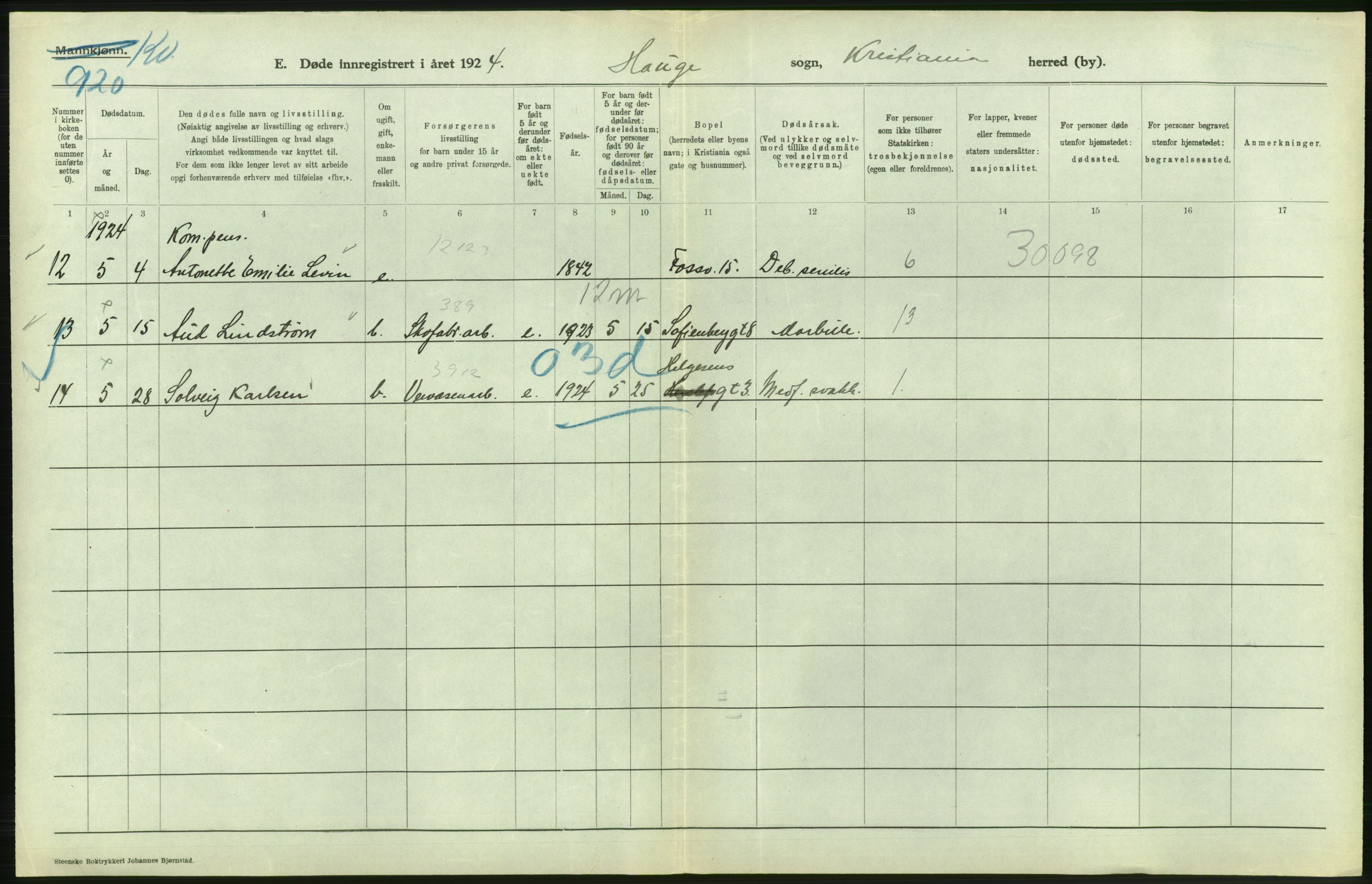 Statistisk sentralbyrå, Sosiodemografiske emner, Befolkning, AV/RA-S-2228/D/Df/Dfc/Dfcd/L0009: Kristiania: Døde kvinner, dødfødte, 1924, p. 486