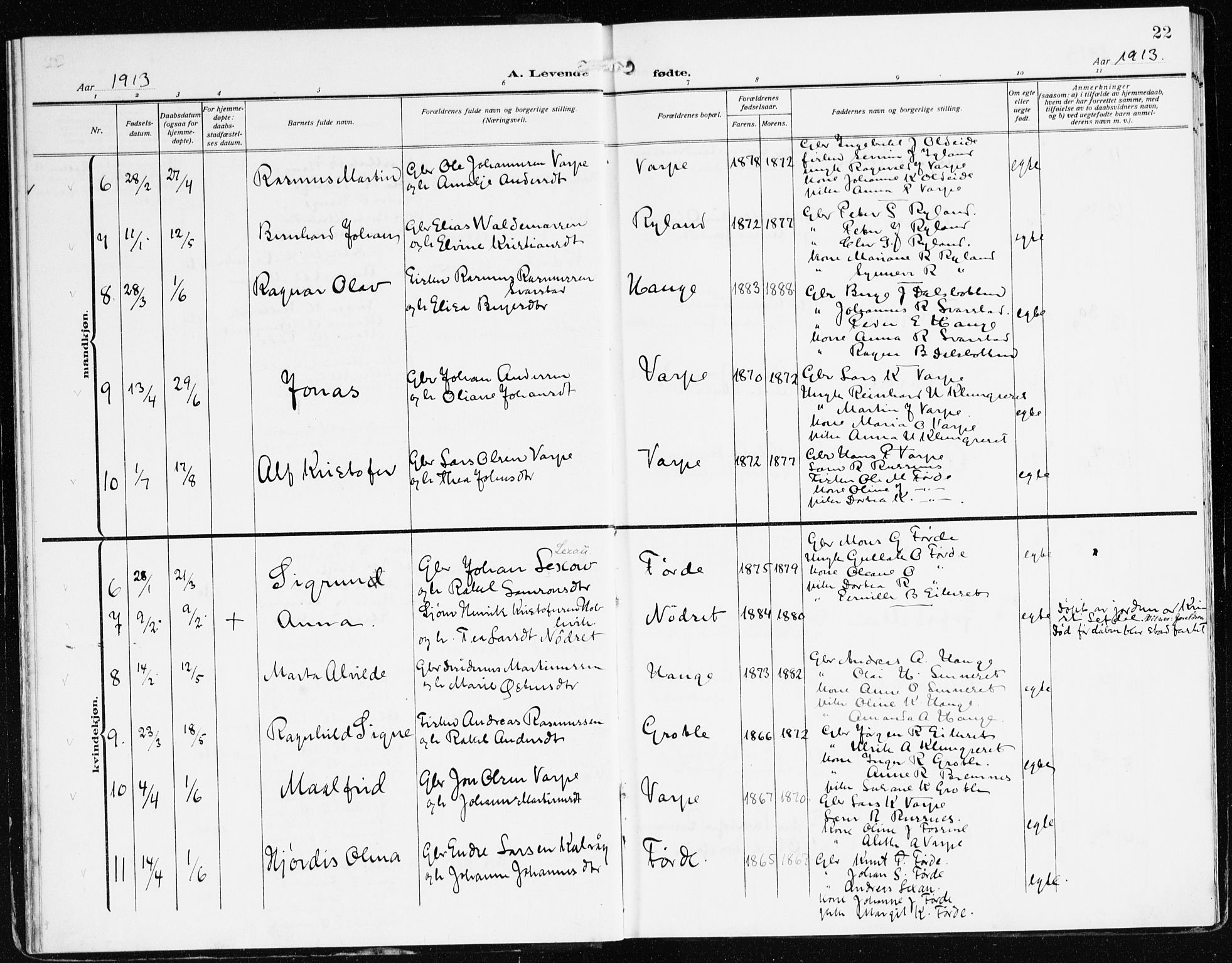 Bremanger sokneprestembete, AV/SAB-A-82201/H/Haa/Haac/L0001: Parish register (official) no. C 1, 1908-1921, p. 22