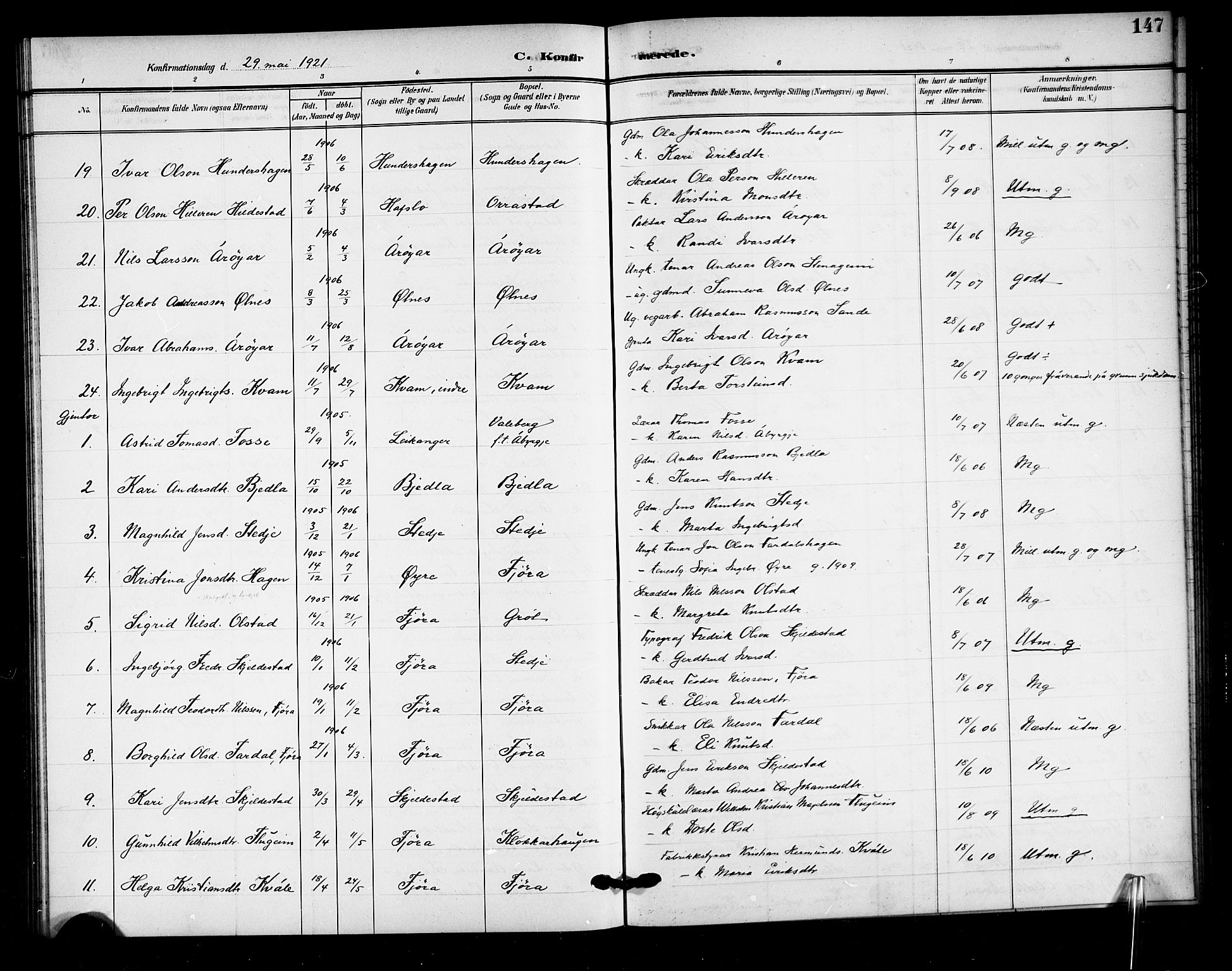 Sogndal sokneprestembete, AV/SAB-A-81301/H/Hab/Haba/L0002: Parish register (copy) no. A 2, 1908-1924, p. 147