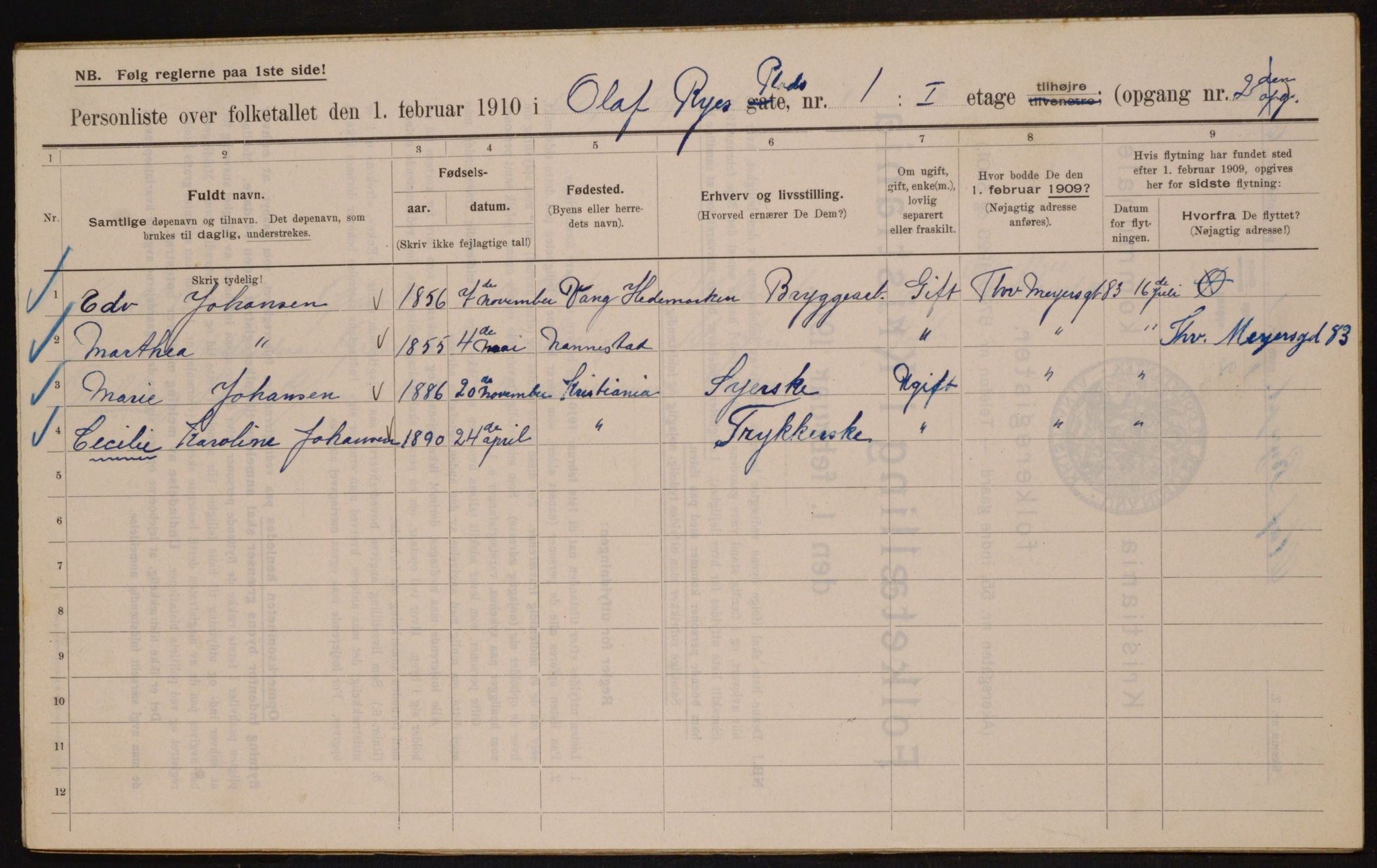 OBA, Municipal Census 1910 for Kristiania, 1910, p. 72305