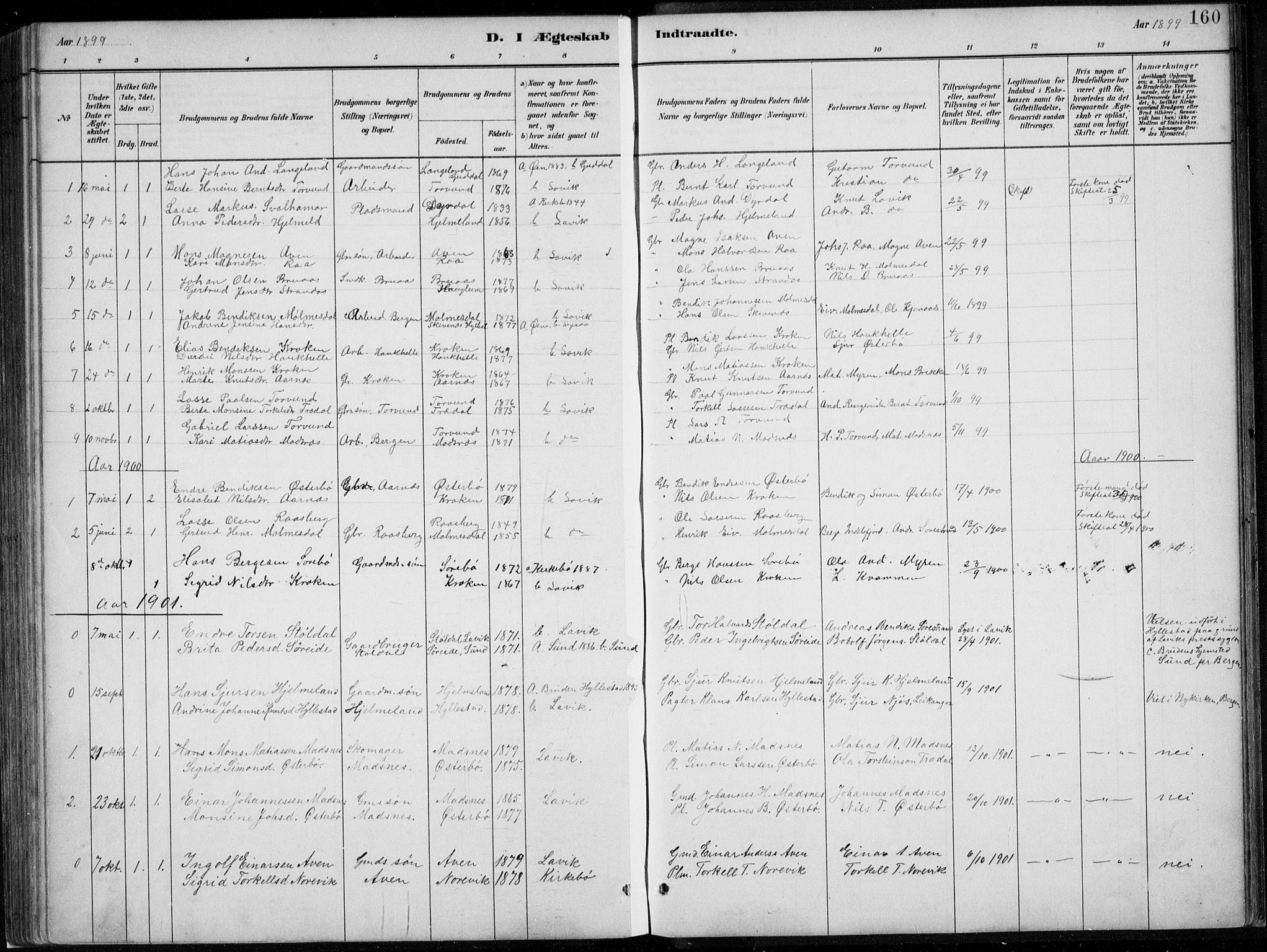 Lavik sokneprestembete, SAB/A-80901: Parish register (copy) no. A 2, 1882-1910, p. 160