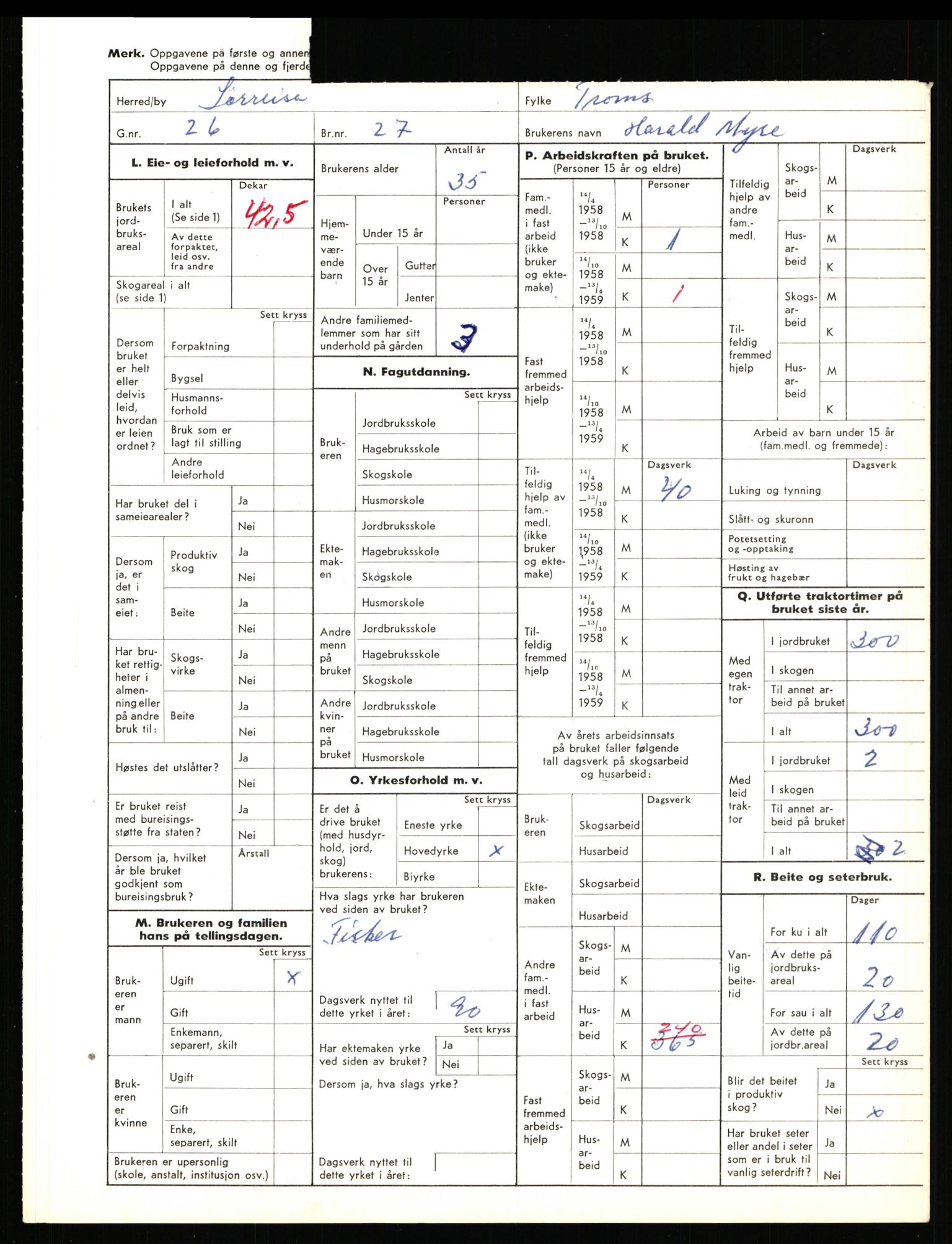 Statistisk sentralbyrå, Næringsøkonomiske emner, Jordbruk, skogbruk, jakt, fiske og fangst, AV/RA-S-2234/G/Gd/L0656: Troms: 1924 Målselv (kl. 0-3) og 1925 Sørreisa, 1959, p. 1740