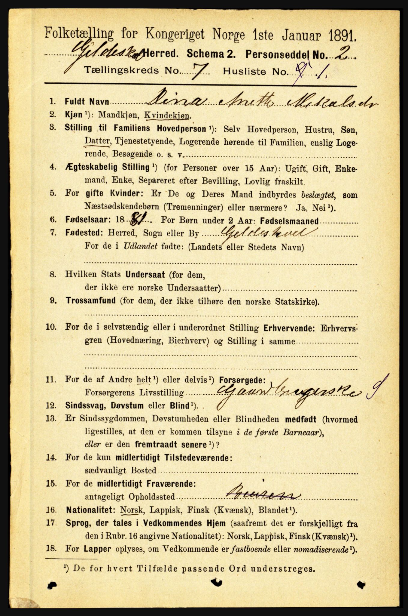 RA, 1891 census for 1838 Gildeskål, 1891, p. 2240