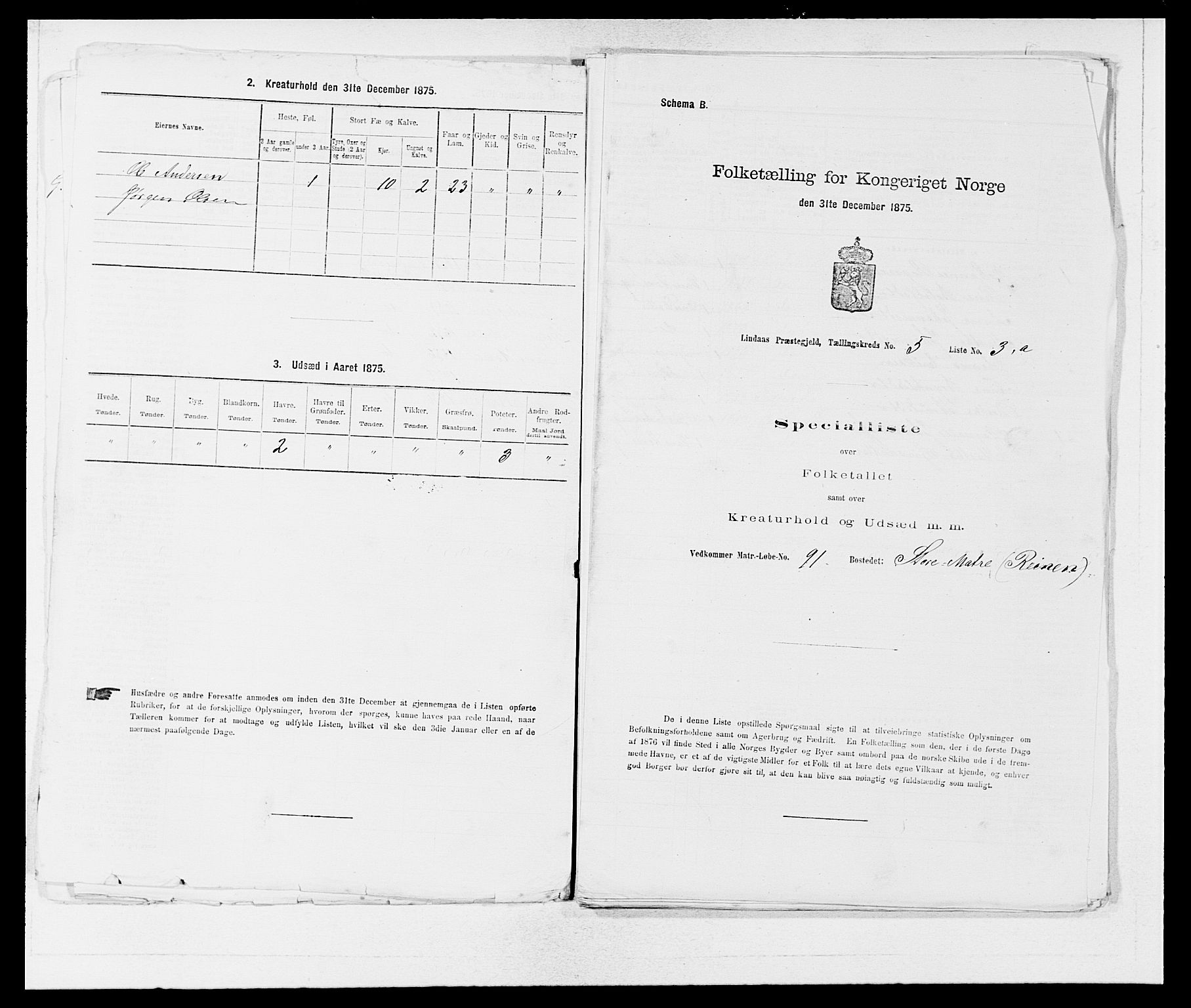 SAB, 1875 census for 1263P Lindås, 1875, p. 390