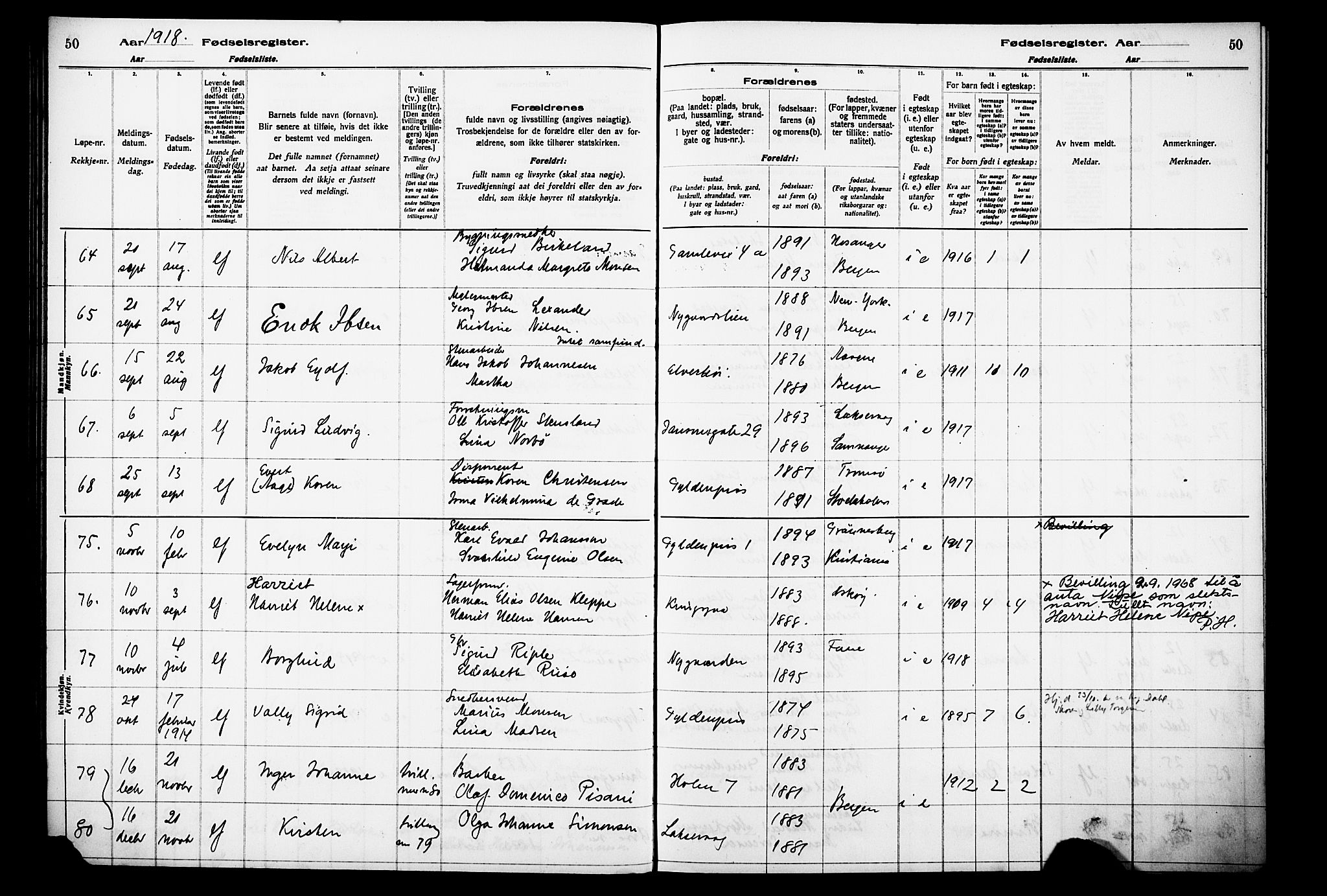 Laksevåg Sokneprestembete, AV/SAB-A-76501/I/Id/L00A1: Birth register no. A 1, 1916-1926, p. 50