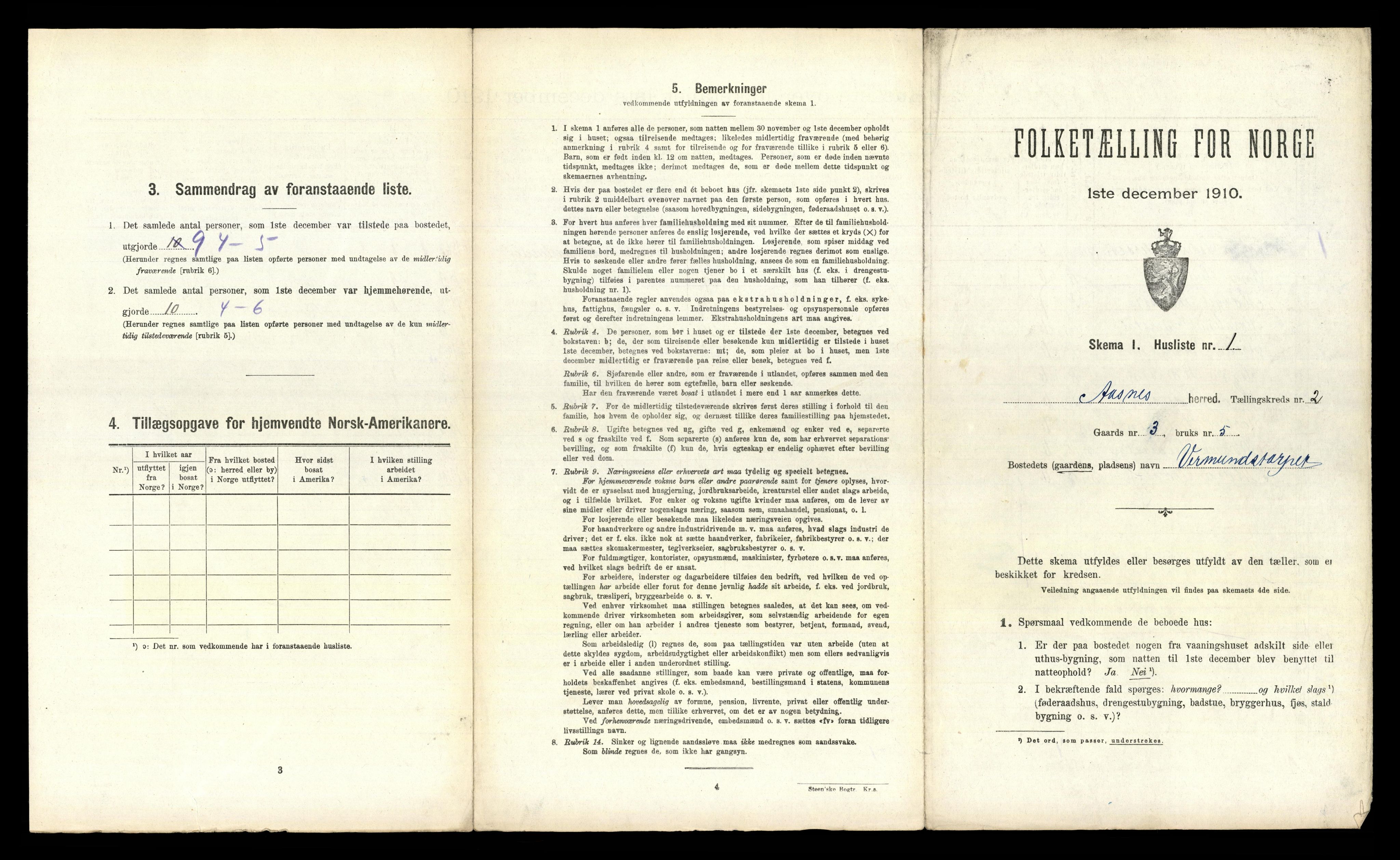 RA, 1910 census for Åsnes, 1910, p. 140