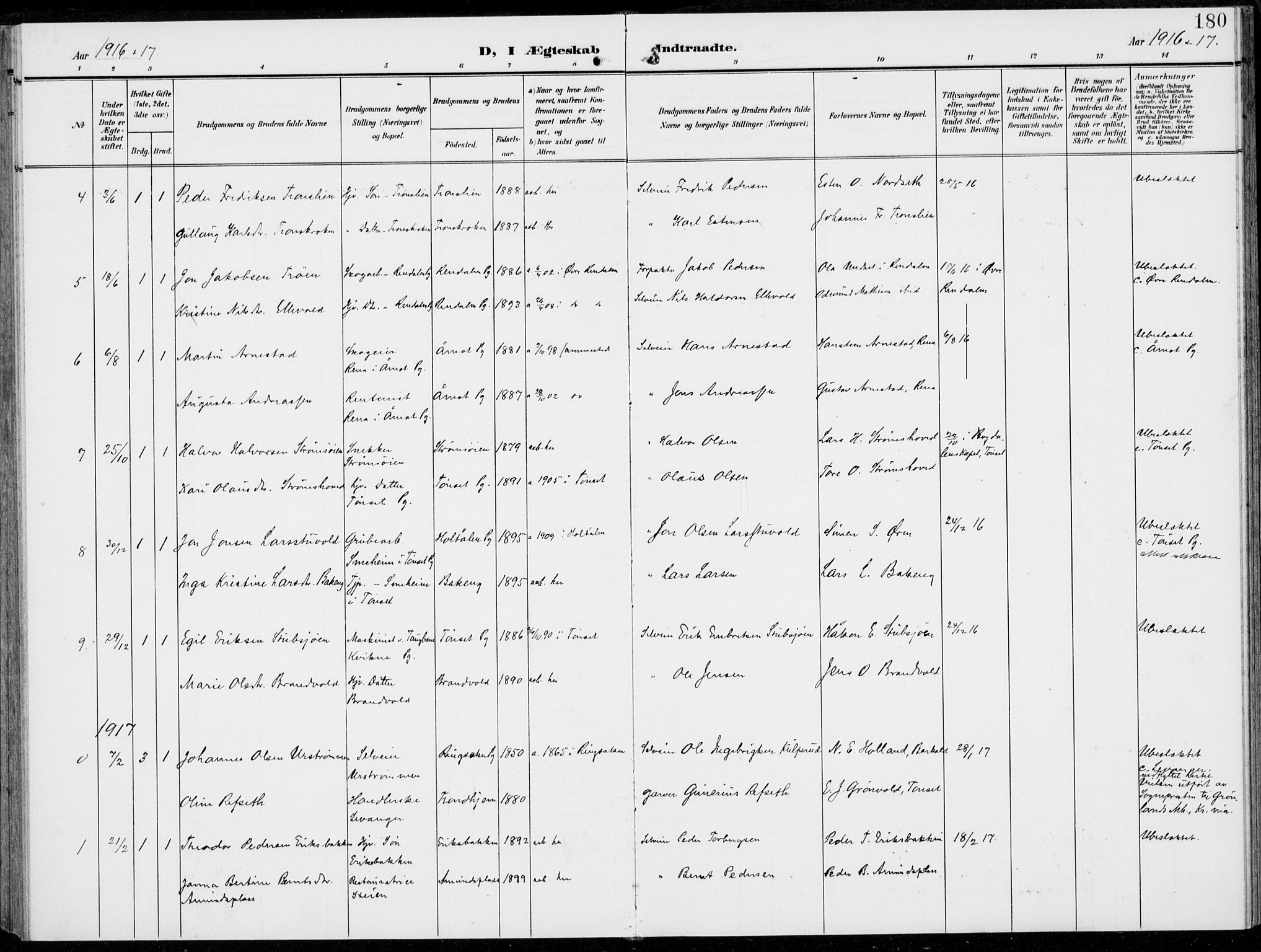 Alvdal prestekontor, SAH/PREST-060/H/Ha/Haa/L0004: Parish register (official) no. 4, 1907-1919, p. 180
