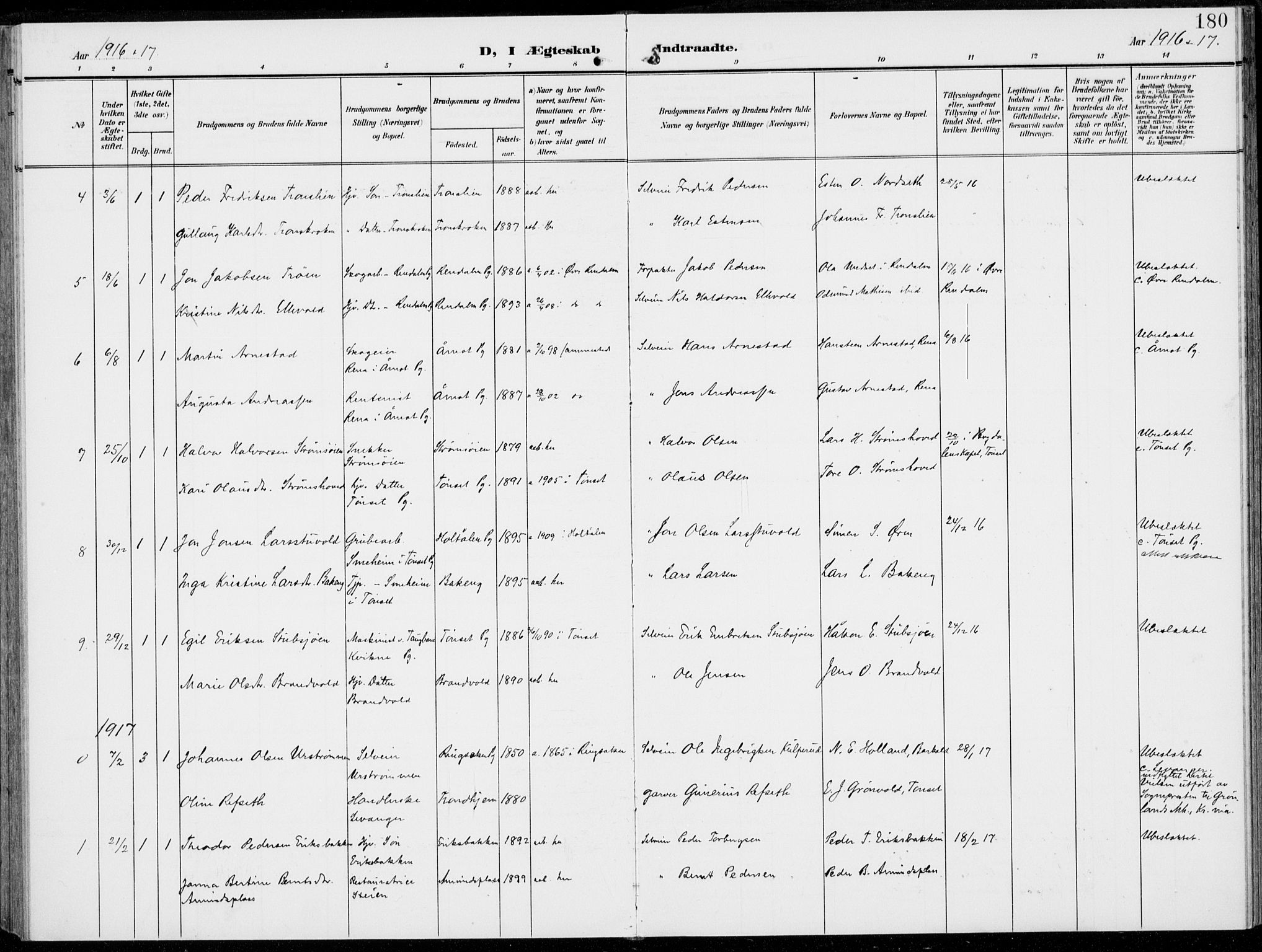 Alvdal prestekontor, AV/SAH-PREST-060/H/Ha/Haa/L0004: Parish register (official) no. 4, 1907-1919, p. 180