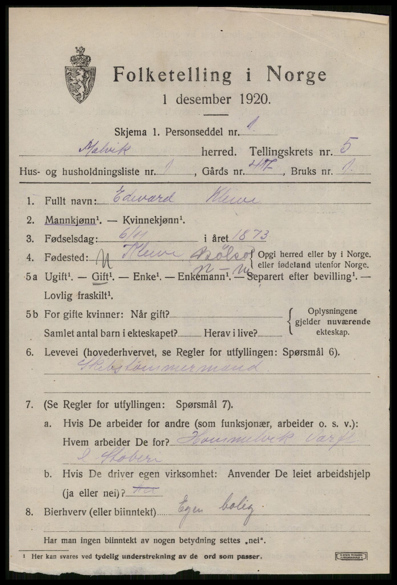 SAT, 1920 census for Malvik, 1920, p. 3180