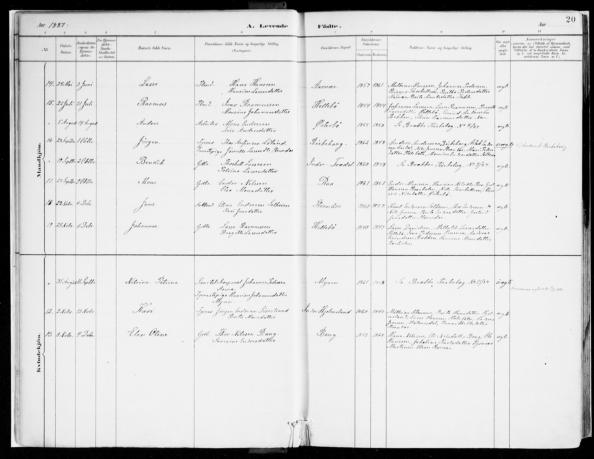 Lavik sokneprestembete, AV/SAB-A-80901: Parish register (official) no. B 1, 1882-1908, p. 20