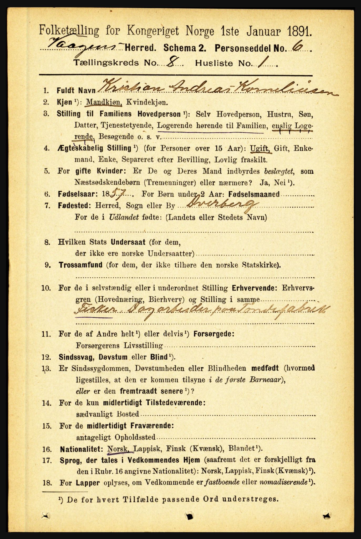 RA, 1891 census for 1865 Vågan, 1891, p. 2100