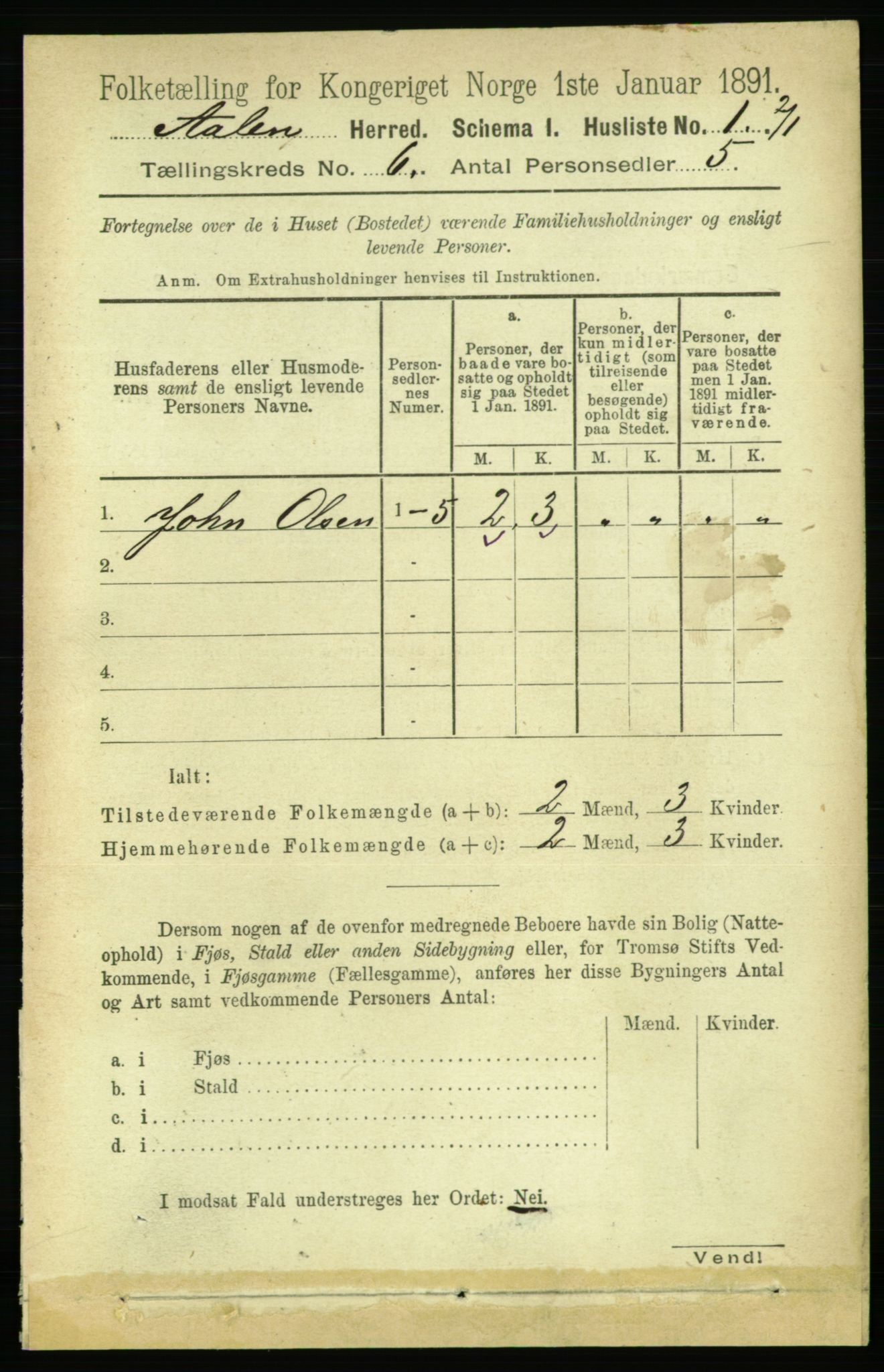 RA, 1891 census for 1644 Ålen, 1891, p. 1883