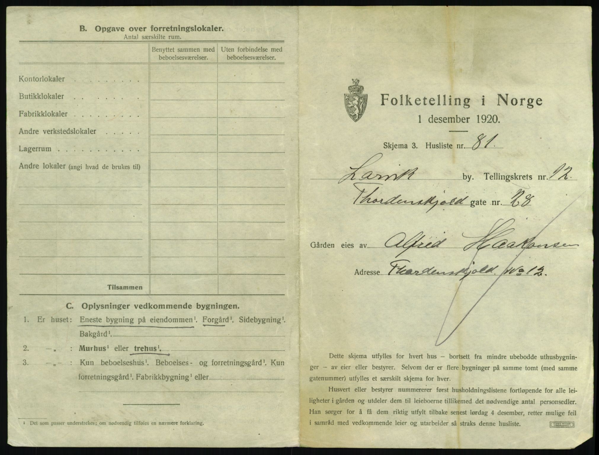 SAKO, 1920 census for Larvik, 1920, p. 3016