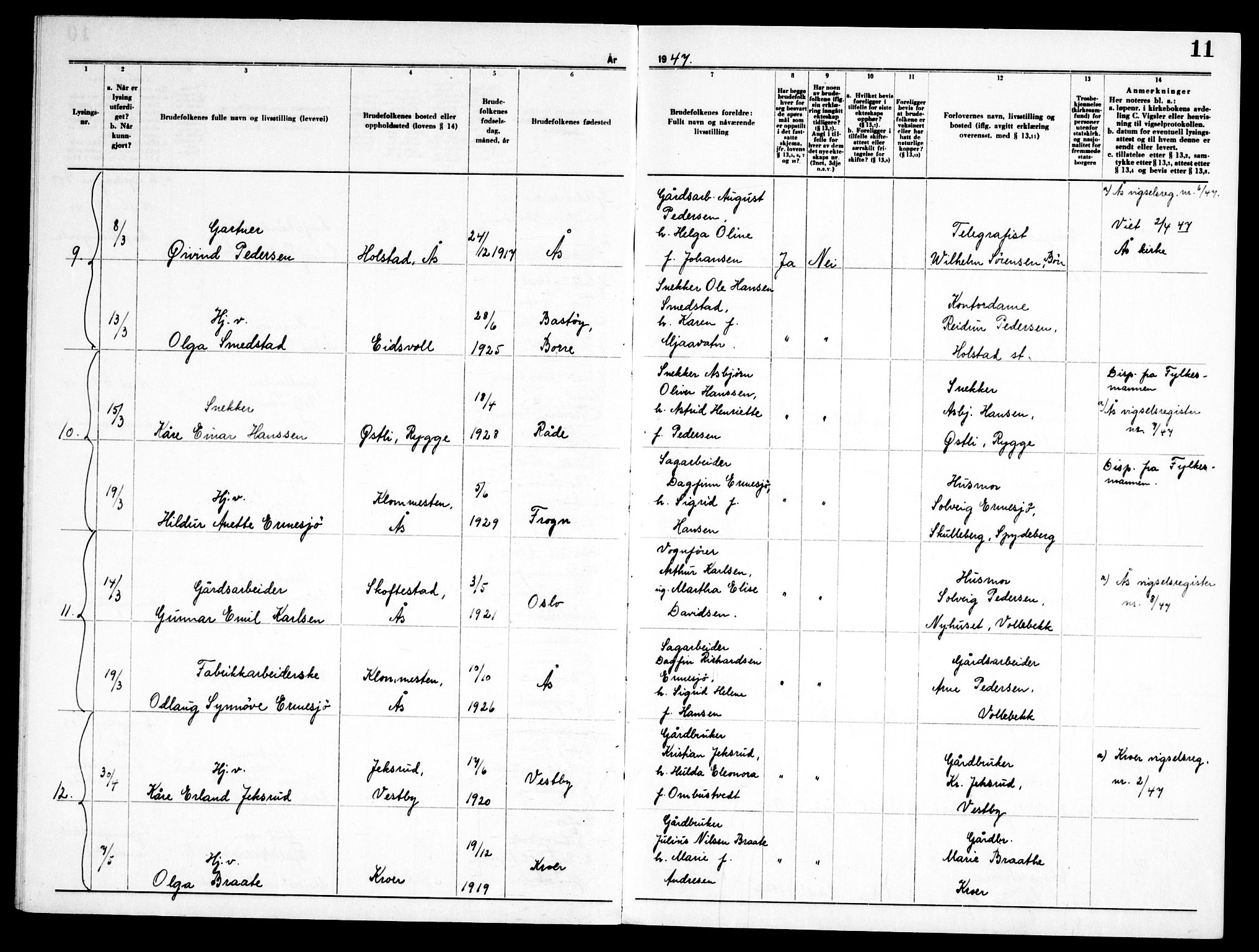 Ås prestekontor Kirkebøker, AV/SAO-A-10894/H/Ha/L0002: Banns register no. 2, 1946-1955, p. 11