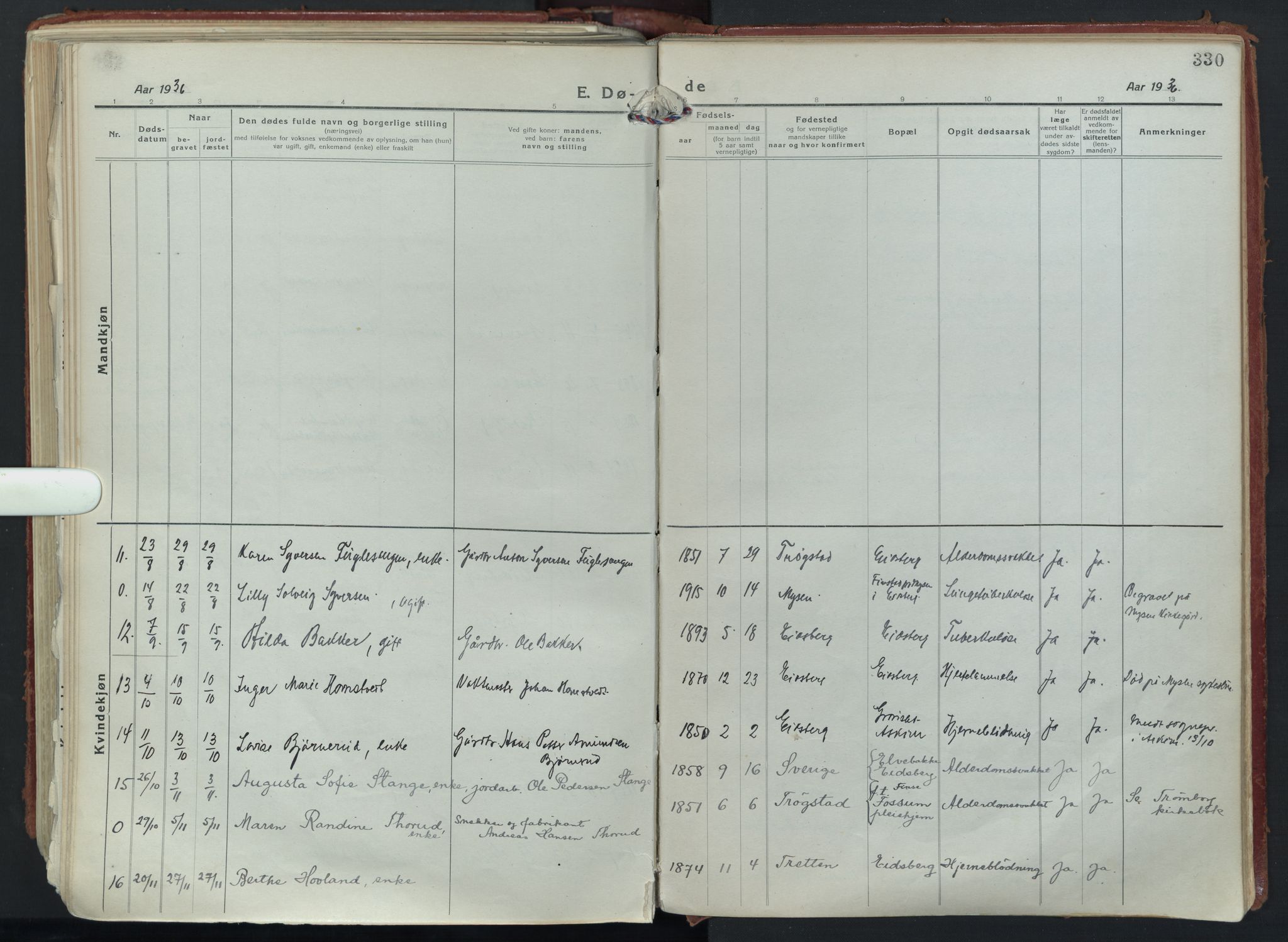 Eidsberg prestekontor Kirkebøker, SAO/A-10905/F/Fa/L0015: Parish register (official) no. I 15, 1920-1937, p. 330