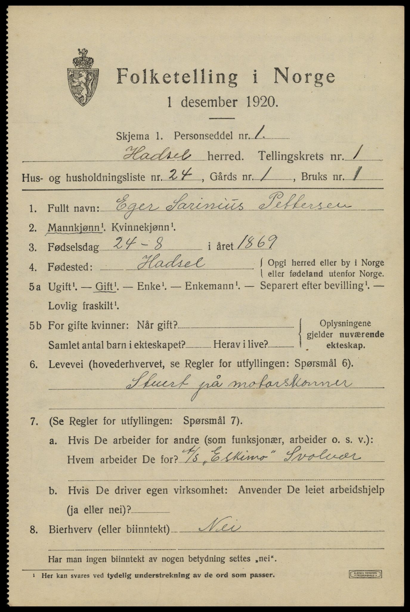 SAT, 1920 census for Hadsel, 1920, p. 3662