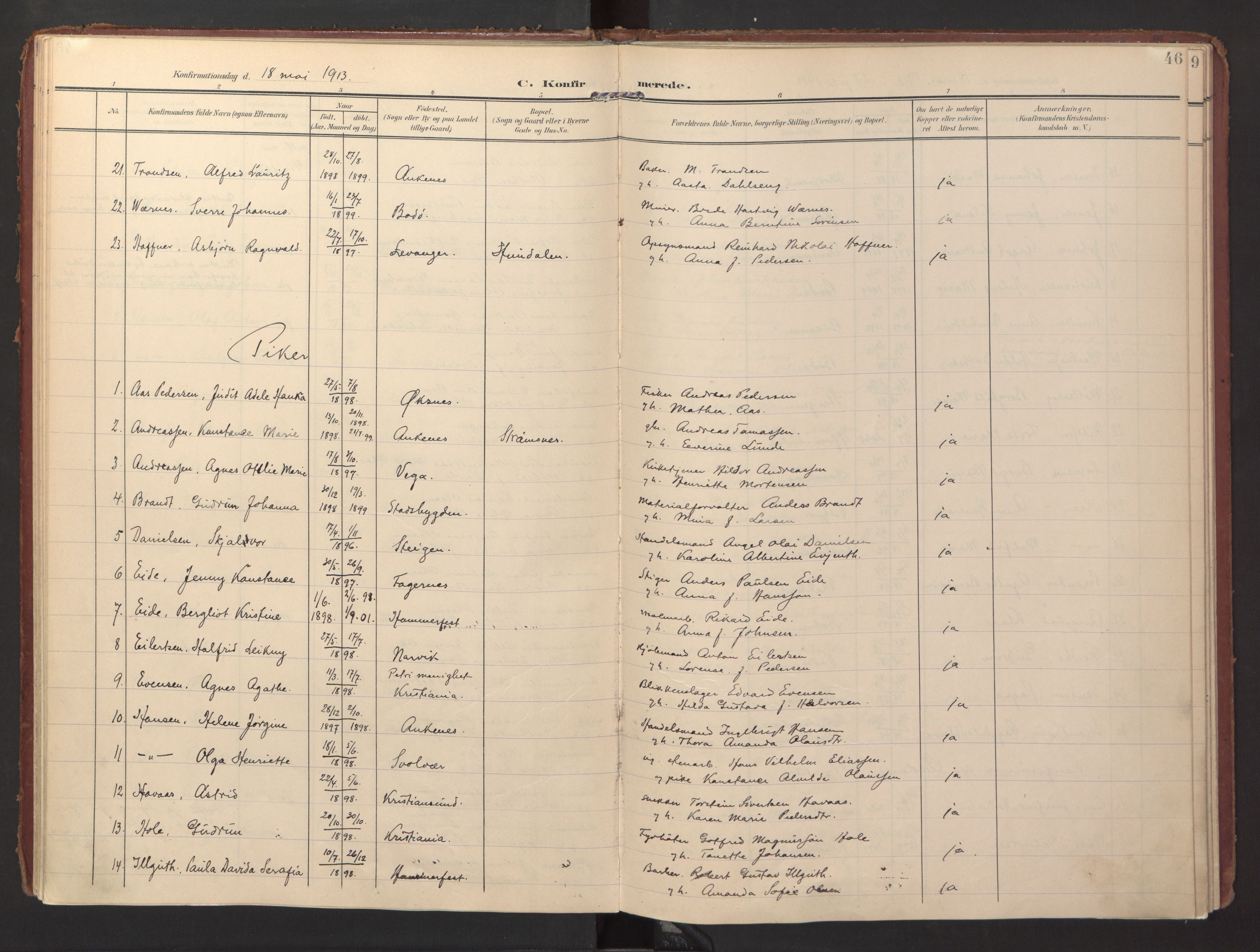 Ministerialprotokoller, klokkerbøker og fødselsregistre - Nordland, SAT/A-1459/871/L0998: Parish register (official) no. 871A14, 1902-1921, p. 46
