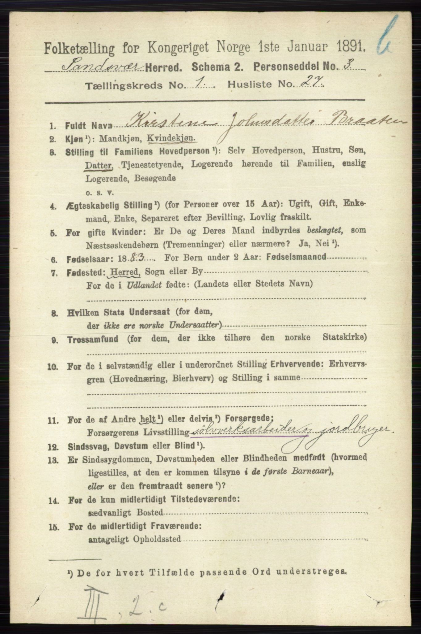 RA, 1891 census for 0629 Sandsvær, 1891, p. 5706