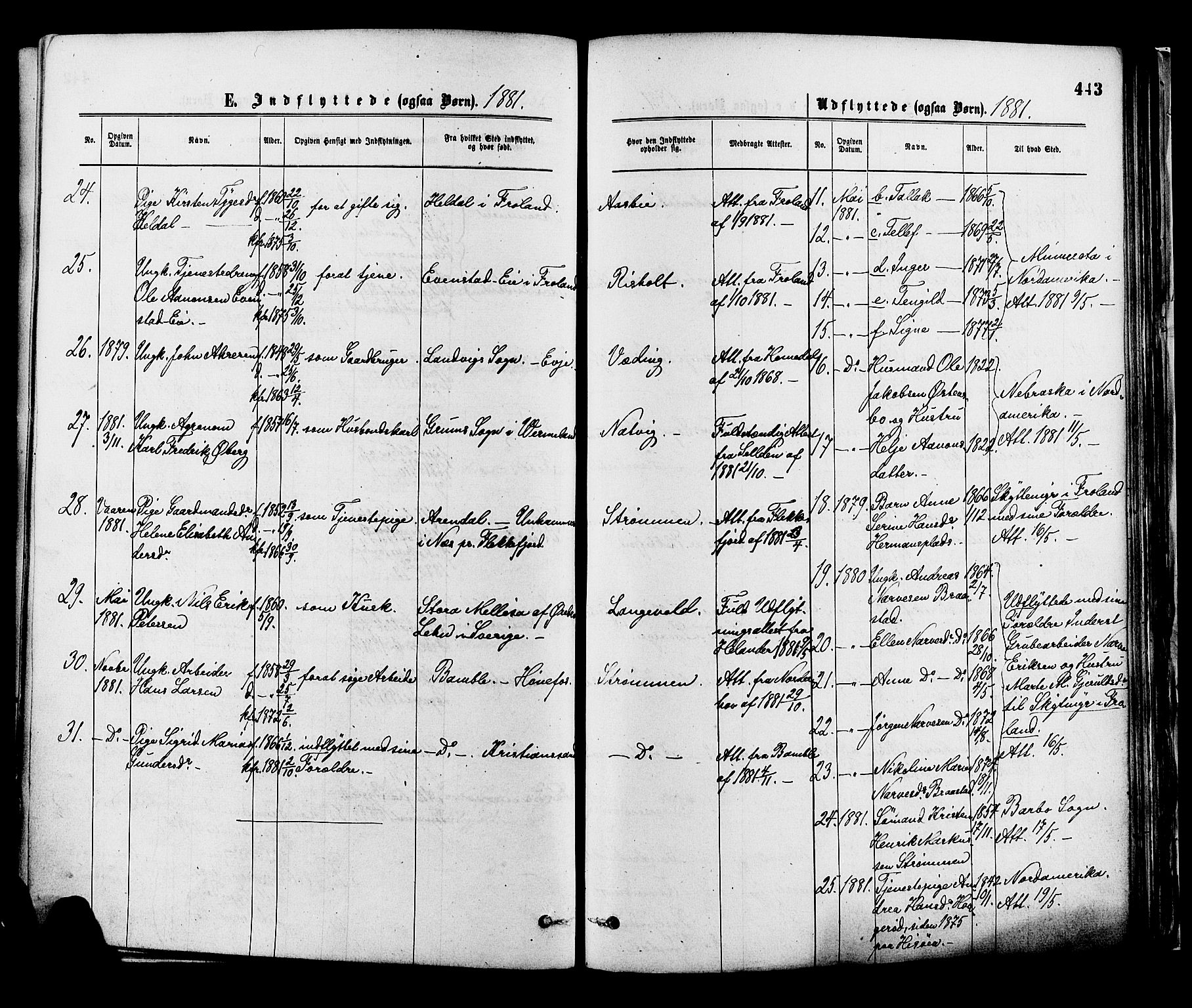 Øyestad sokneprestkontor, AV/SAK-1111-0049/F/Fa/L0016: Parish register (official) no. A 16, 1874-1886, p. 443