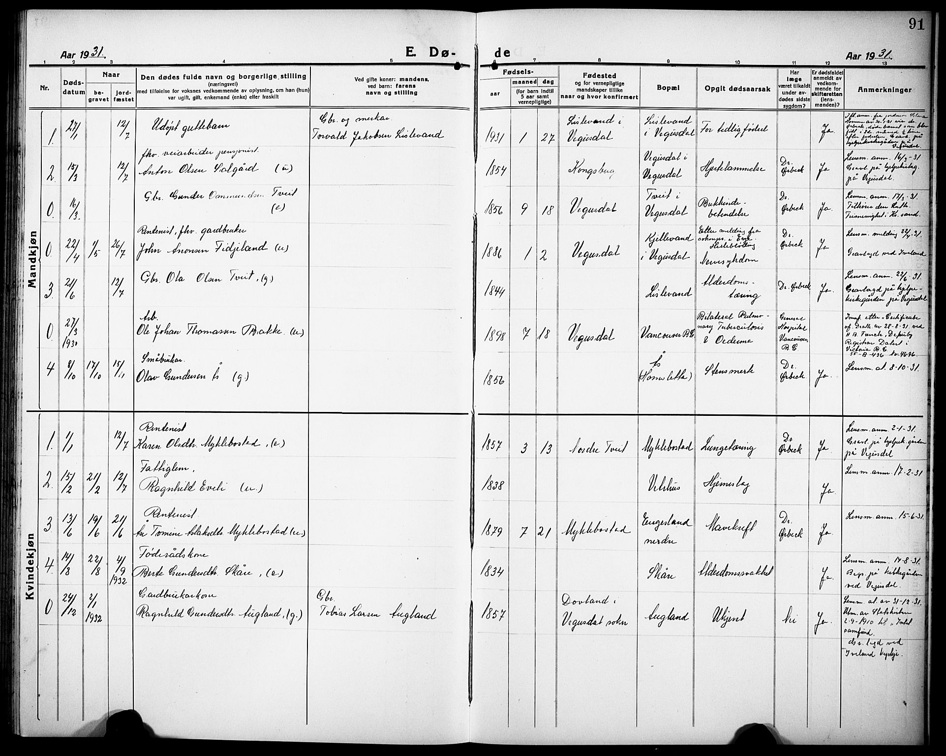 Herefoss sokneprestkontor, SAK/1111-0019/F/Fb/Fbb/L0004: Parish register (copy) no. B 4, 1917-1933, p. 91