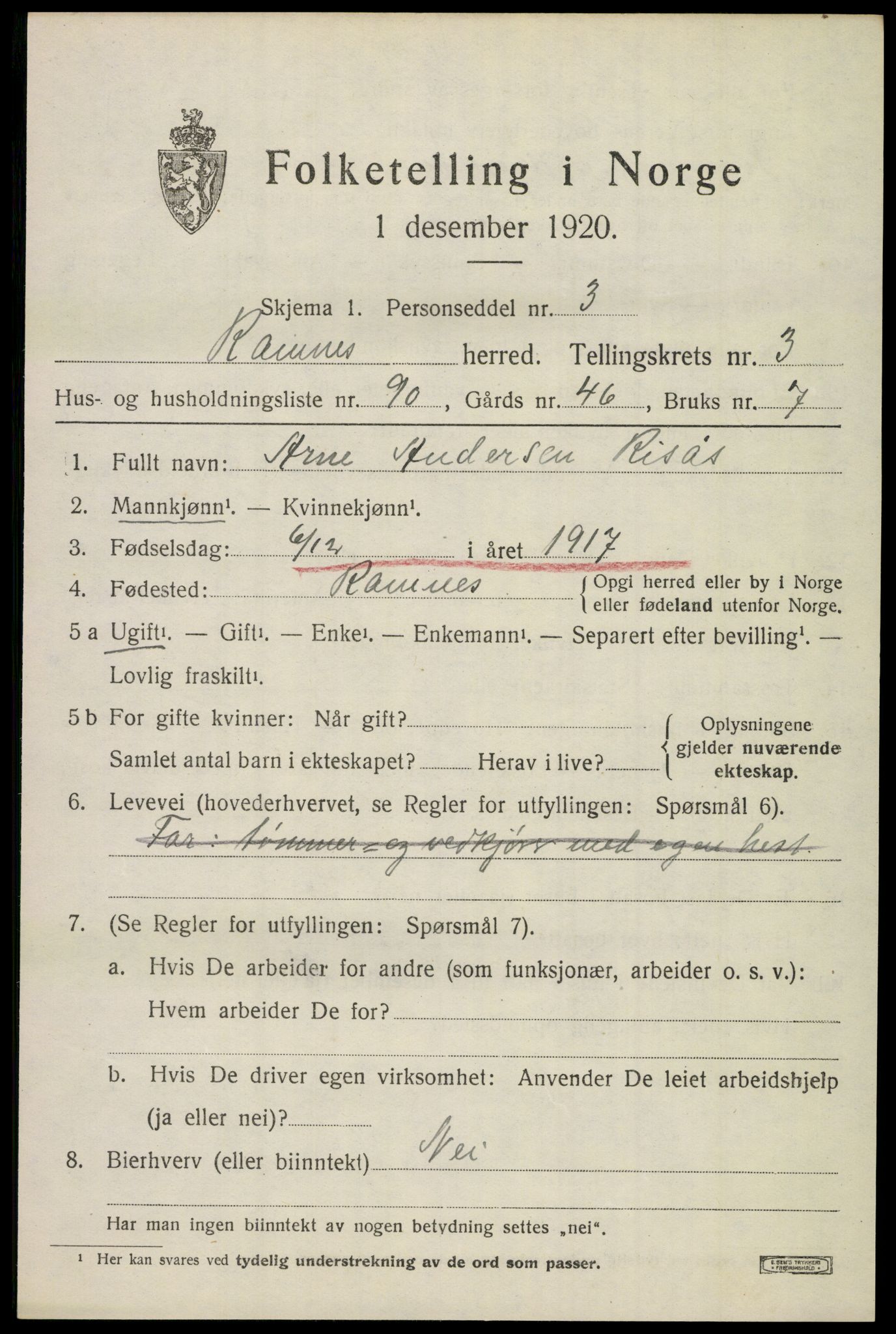 SAKO, 1920 census for Ramnes, 1920, p. 4290