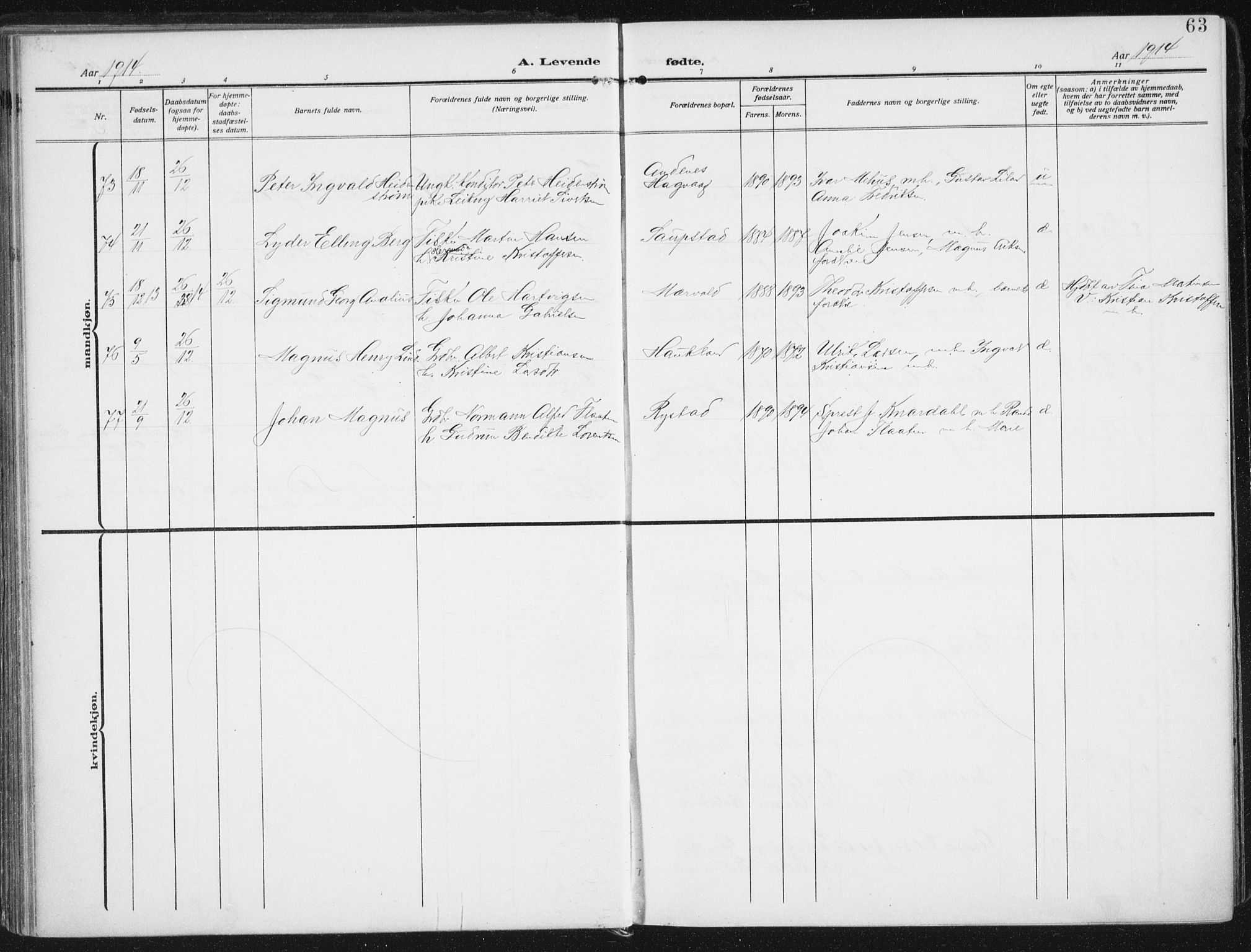 Ministerialprotokoller, klokkerbøker og fødselsregistre - Nordland, SAT/A-1459/880/L1135: Parish register (official) no. 880A09, 1908-1919, p. 63