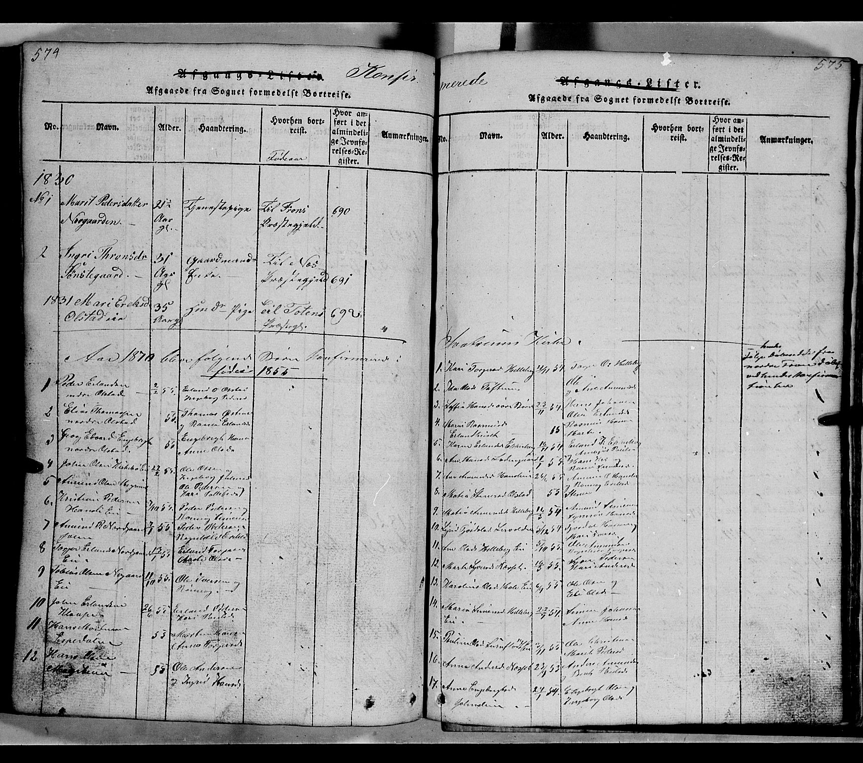 Gausdal prestekontor, SAH/PREST-090/H/Ha/Hab/L0002: Parish register (copy) no. 2, 1818-1874, p. 574-575