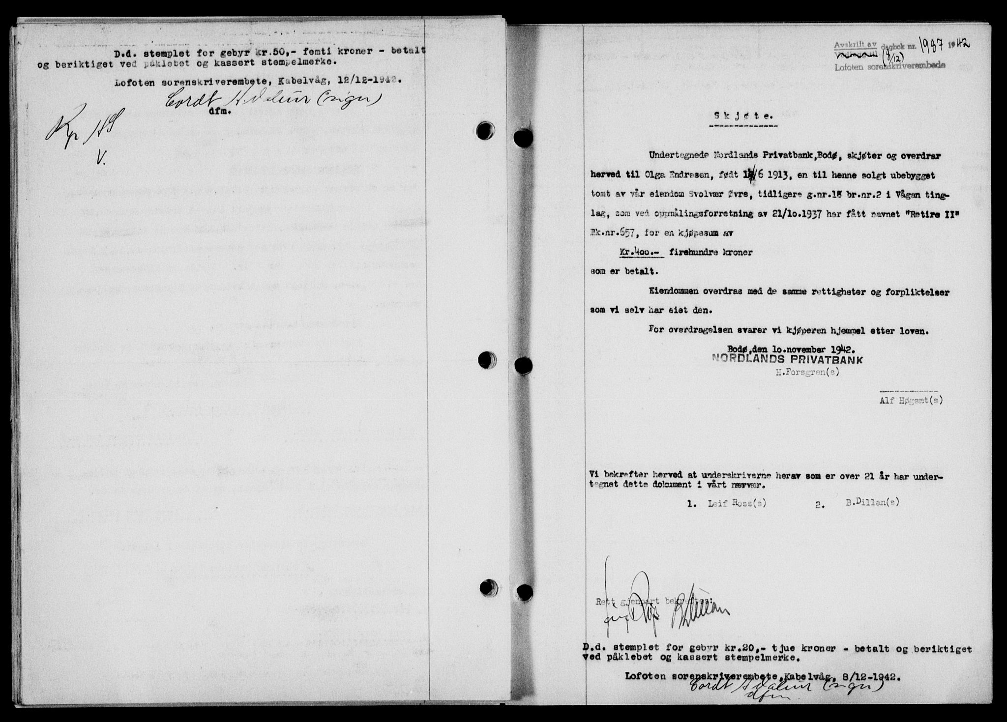 Lofoten sorenskriveri, SAT/A-0017/1/2/2C/L0010a: Mortgage book no. 10a, 1942-1943, Diary no: : 1987/1942