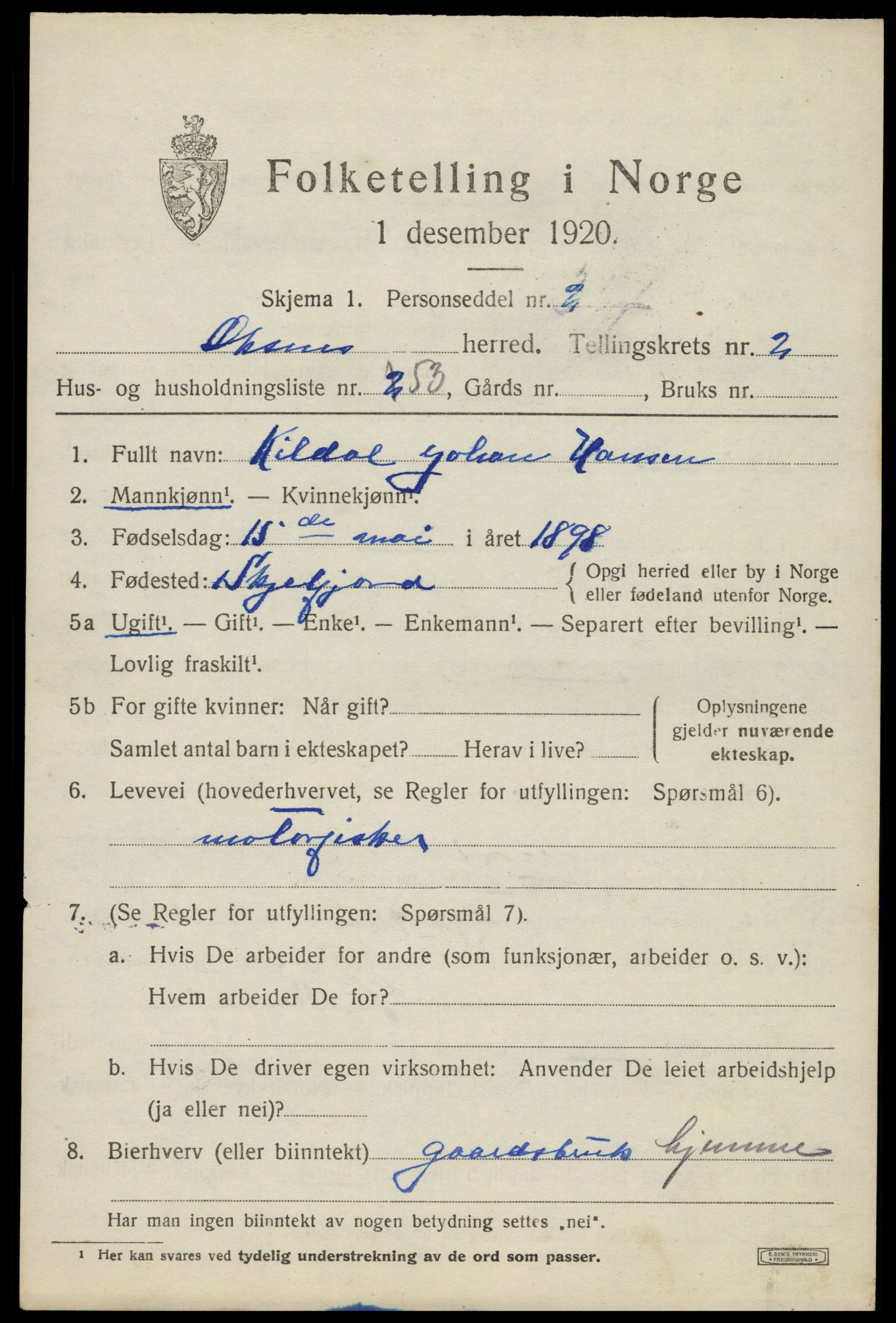 SAT, 1920 census for Øksnes, 1920, p. 2384