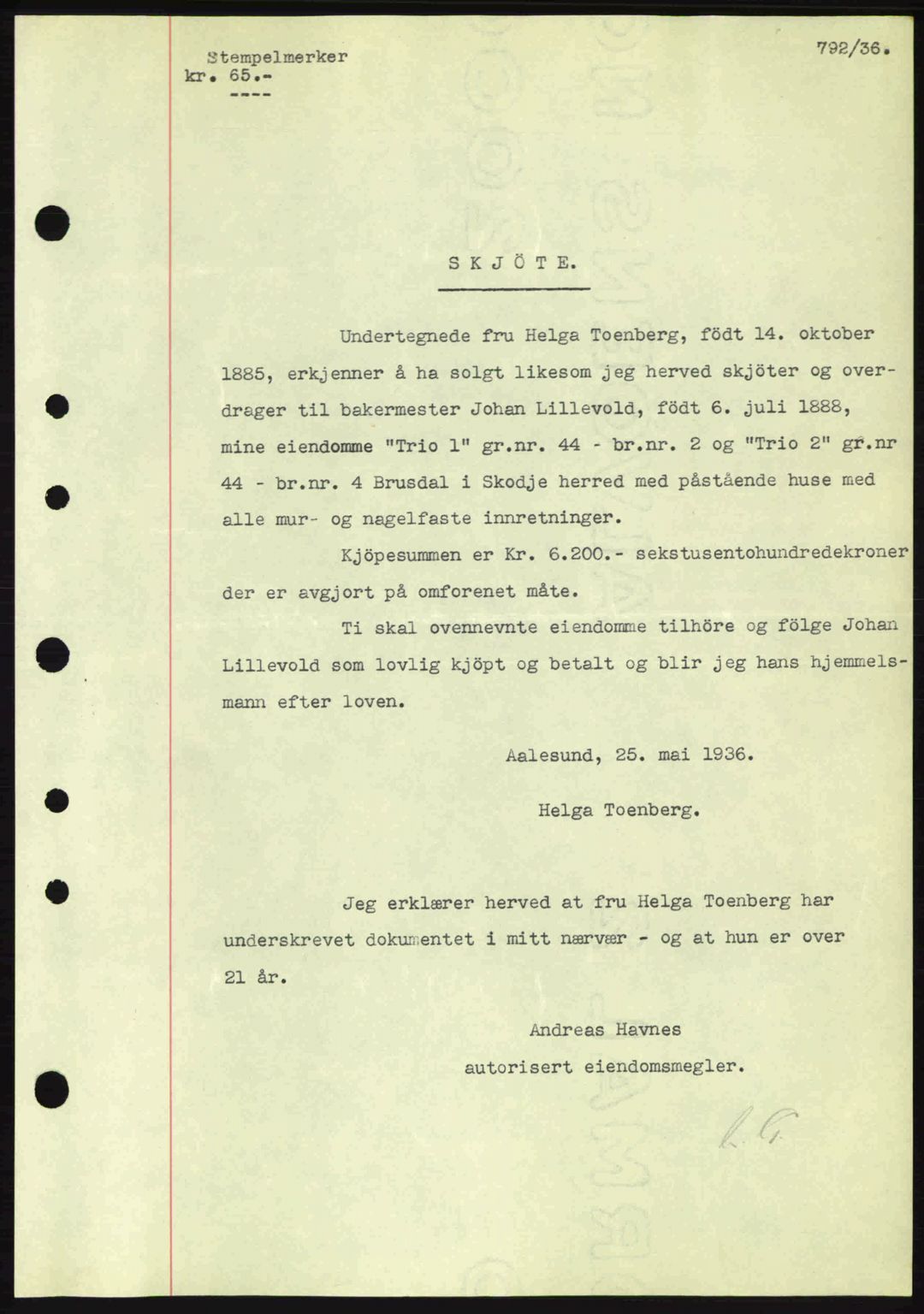 Nordre Sunnmøre sorenskriveri, AV/SAT-A-0006/1/2/2C/2Ca: Mortgage book no. A1, 1936-1936, Diary no: : 792/1936