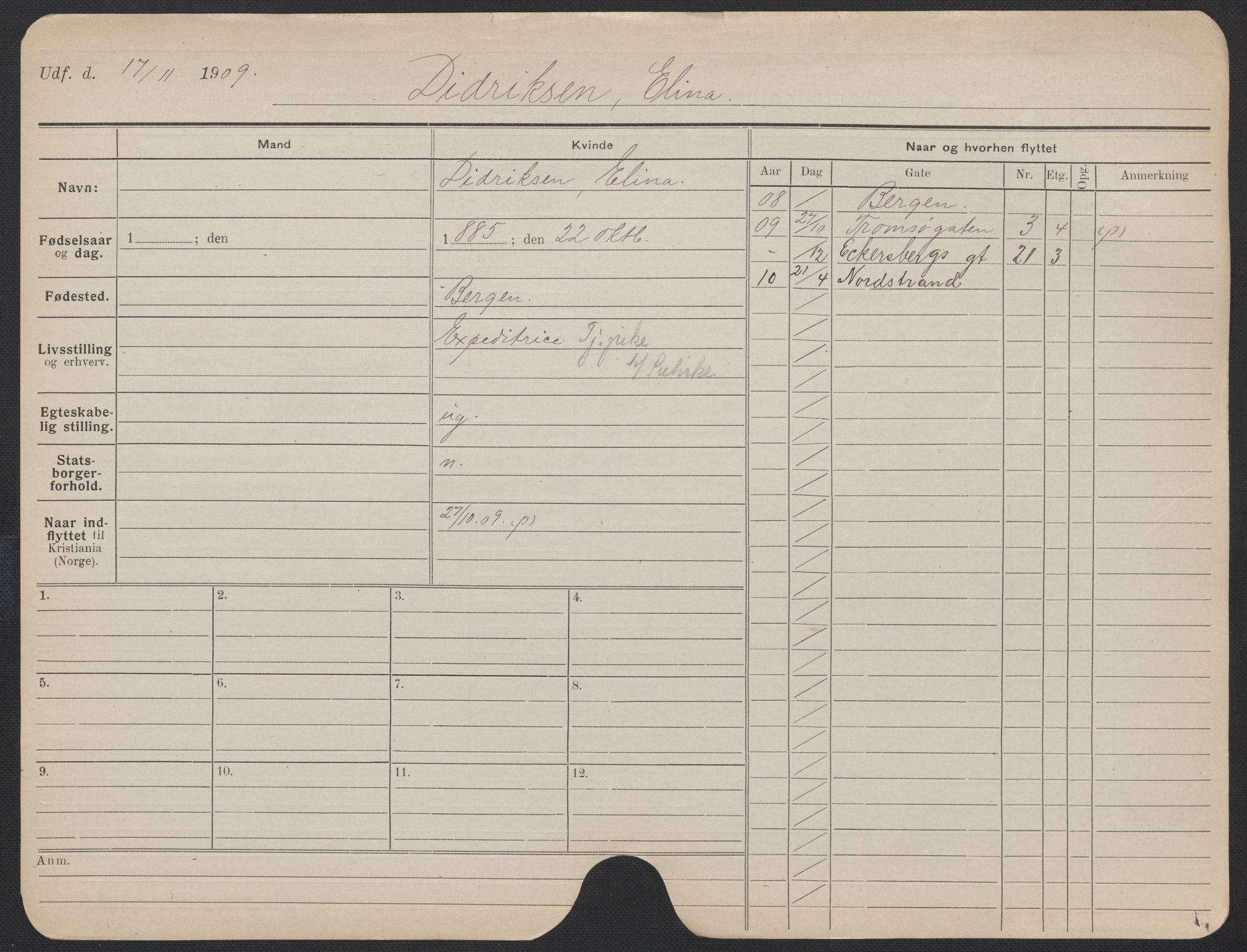 Oslo folkeregister, Registerkort, AV/SAO-A-11715/F/Fa/Fac/L0013: Kvinner, 1906-1914, p. 1276a