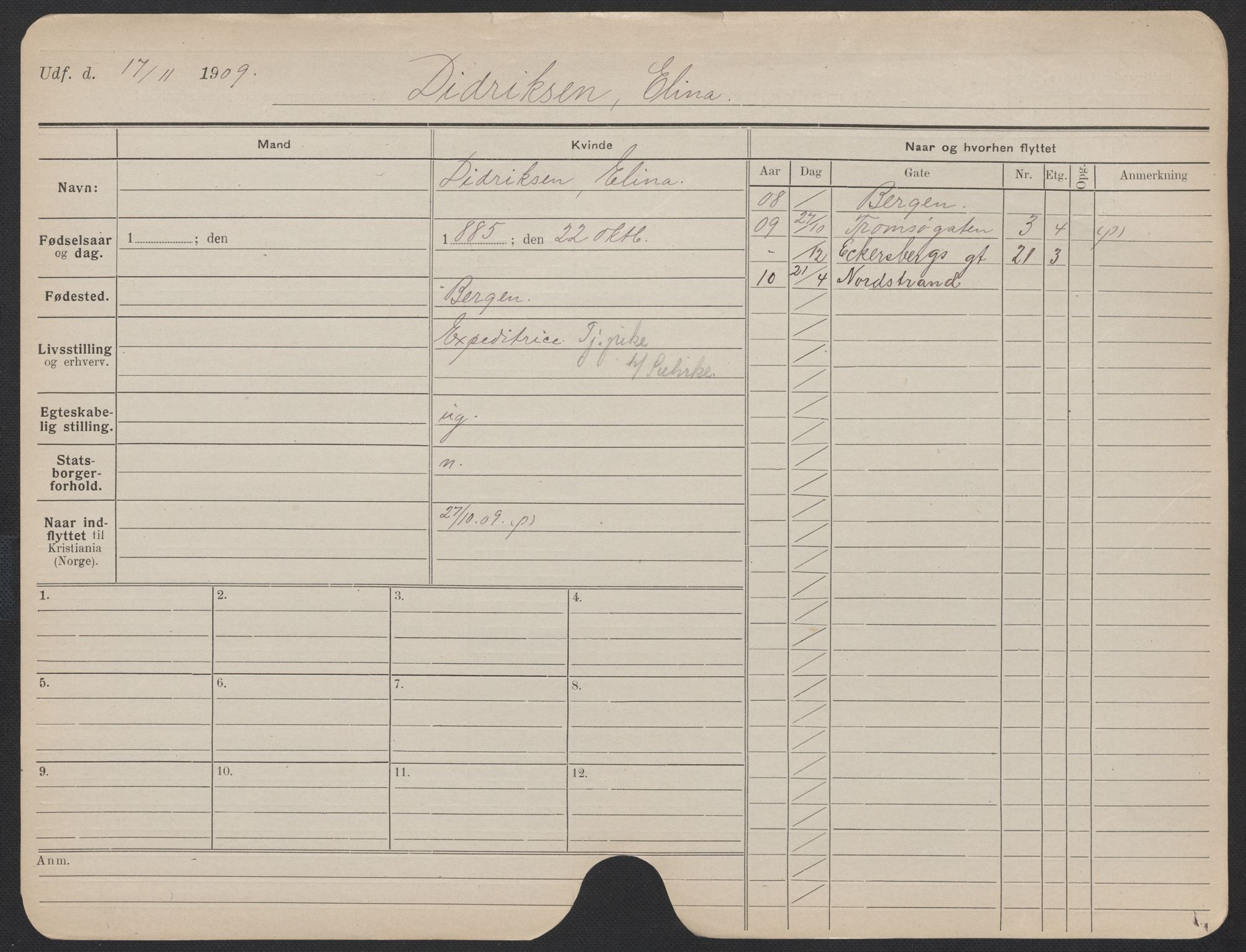 Oslo folkeregister, Registerkort, SAO/A-11715/F/Fa/Fac/L0013: Kvinner, 1906-1914, p. 1276a