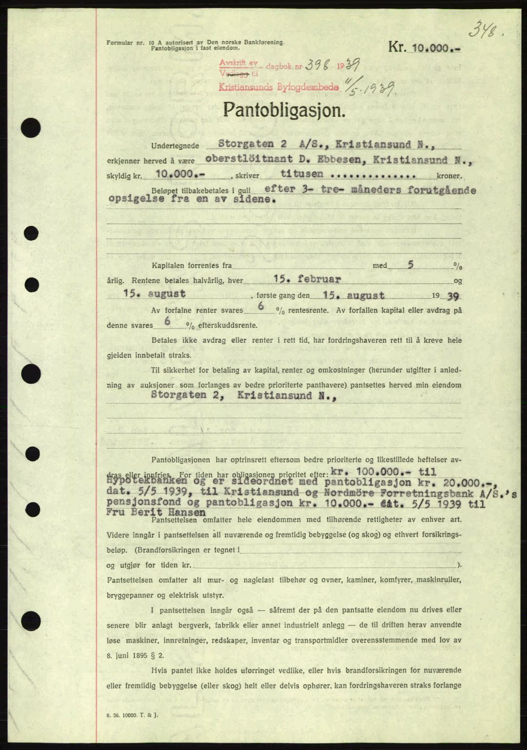 Kristiansund byfogd, SAT/A-4587/A/27: Mortgage book no. 31, 1938-1939, Diary no: : 398/1939
