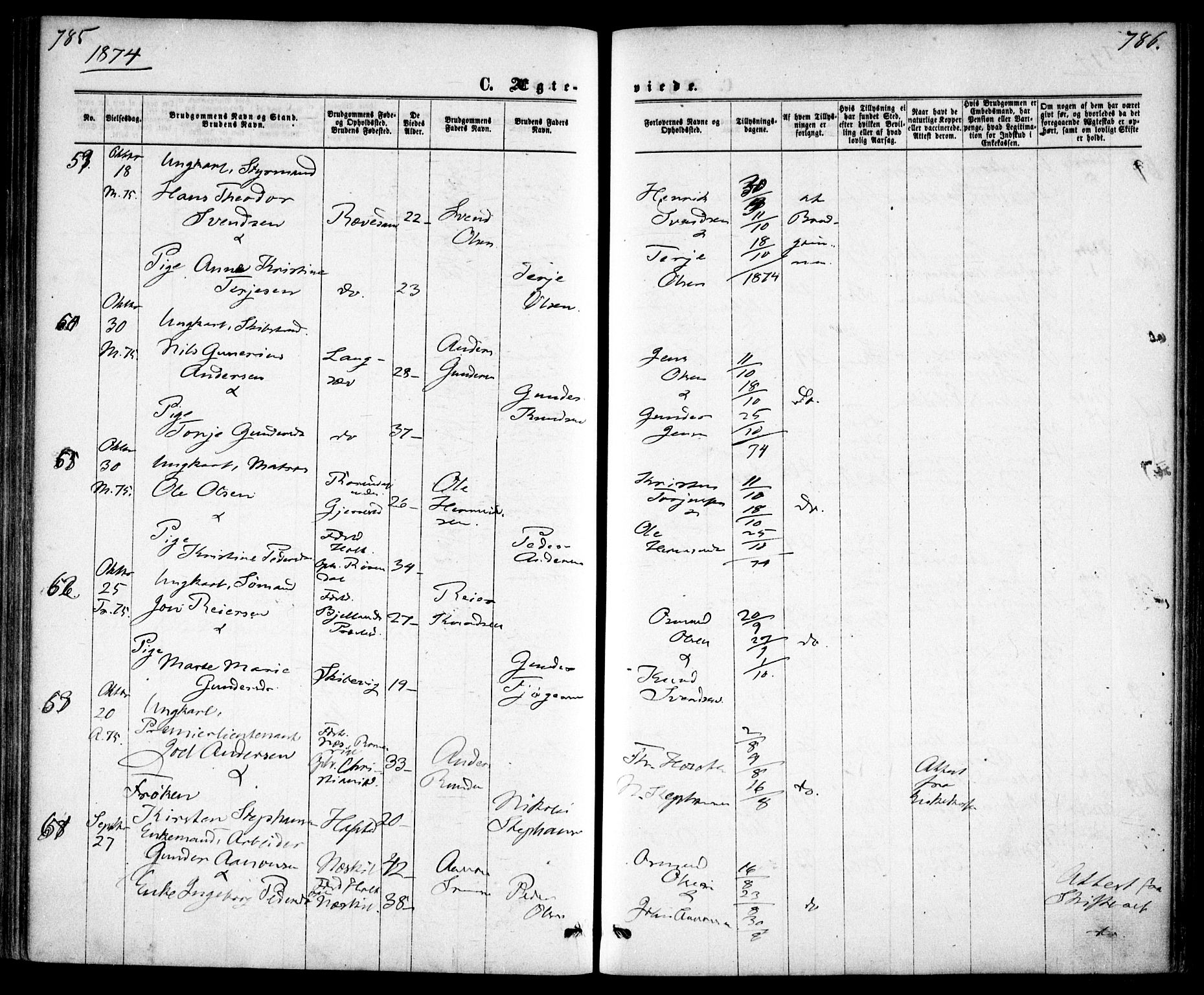 Tromøy sokneprestkontor, AV/SAK-1111-0041/F/Fa/L0008: Parish register (official) no. A 8, 1870-1877, p. 785-786