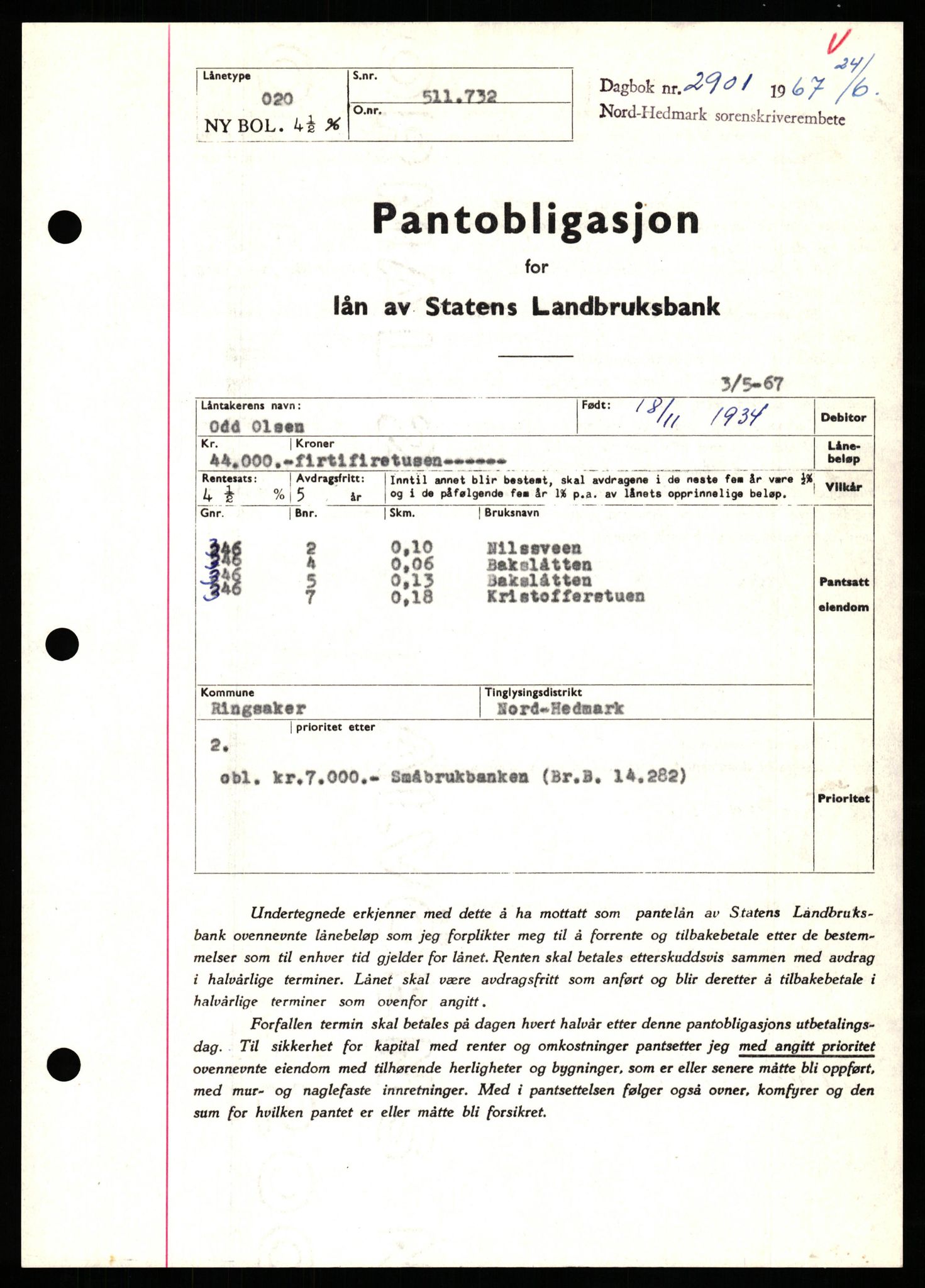 Nord-Hedmark sorenskriveri, SAH/TING-012/H/Hb/Hbf/L0071: Mortgage book no. B71, 1967-1967, Diary no: : 2901/1967
