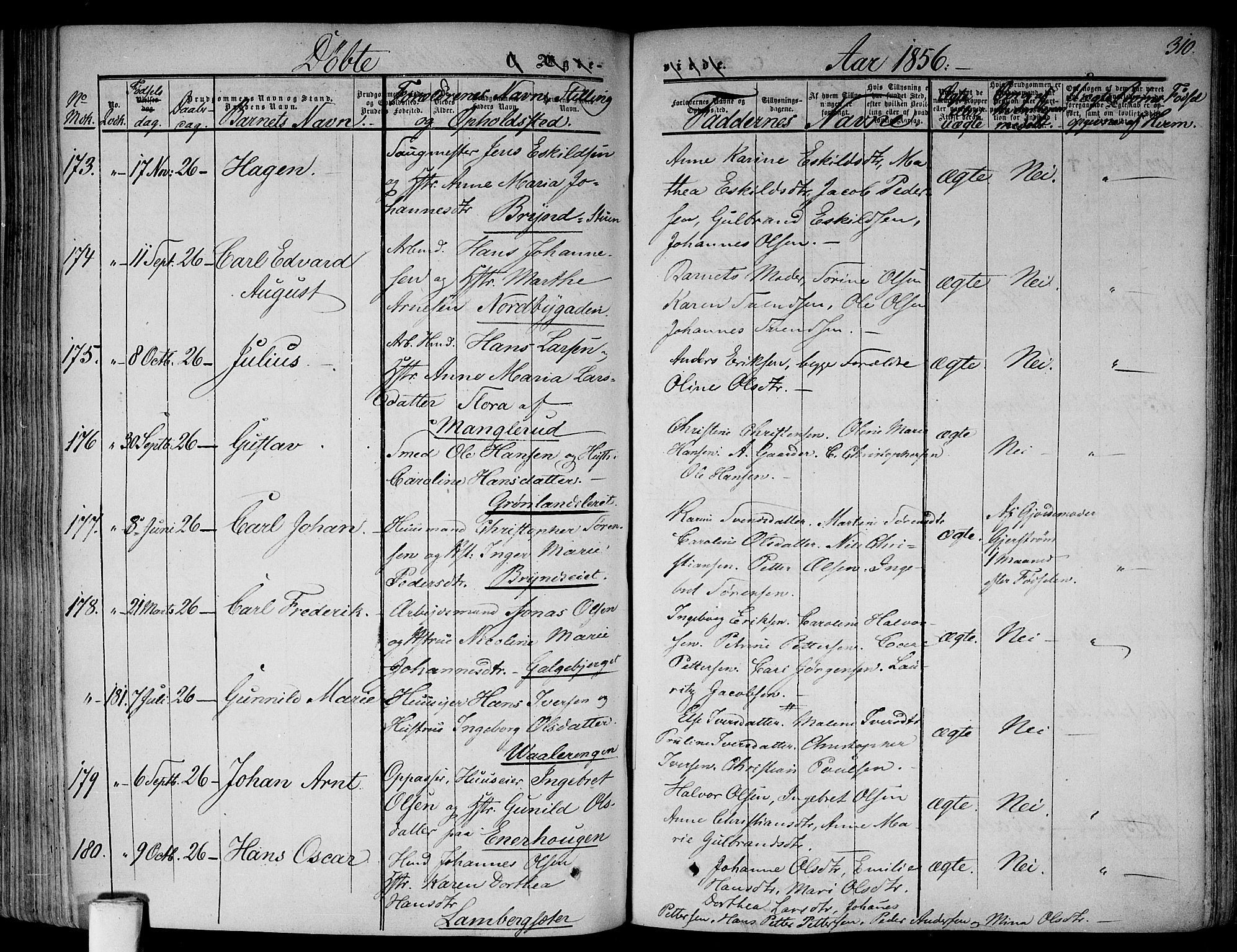 Gamlebyen prestekontor Kirkebøker, AV/SAO-A-10884/F/Fa/L0004: Parish register (official) no. 4, 1850-1857, p. 310