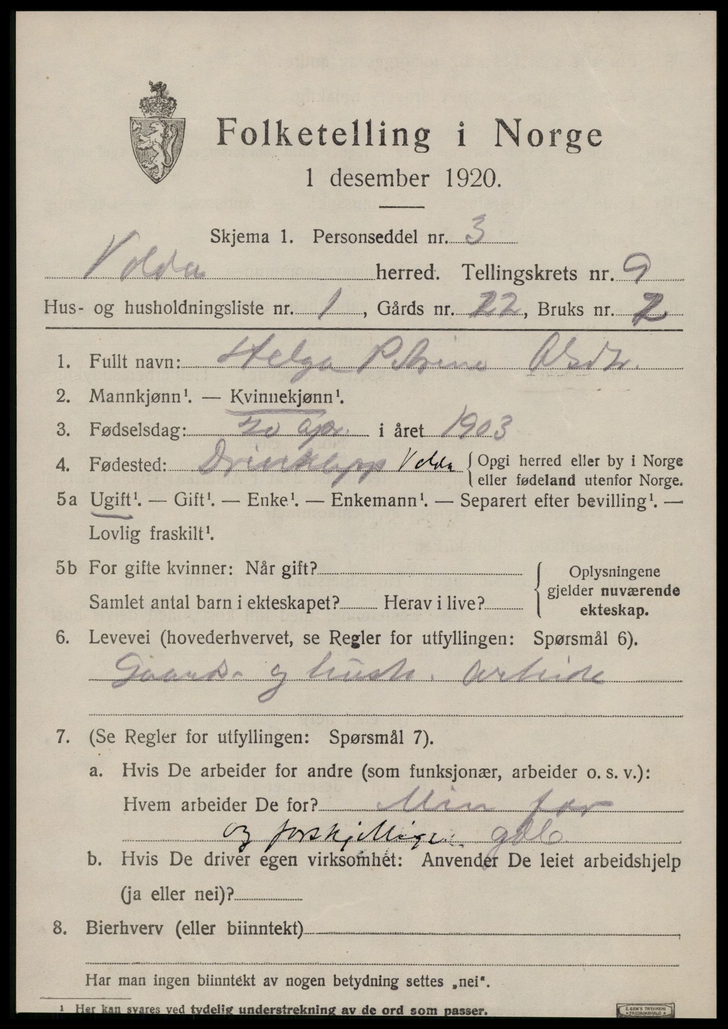 SAT, 1920 census for Volda, 1920, p. 6744