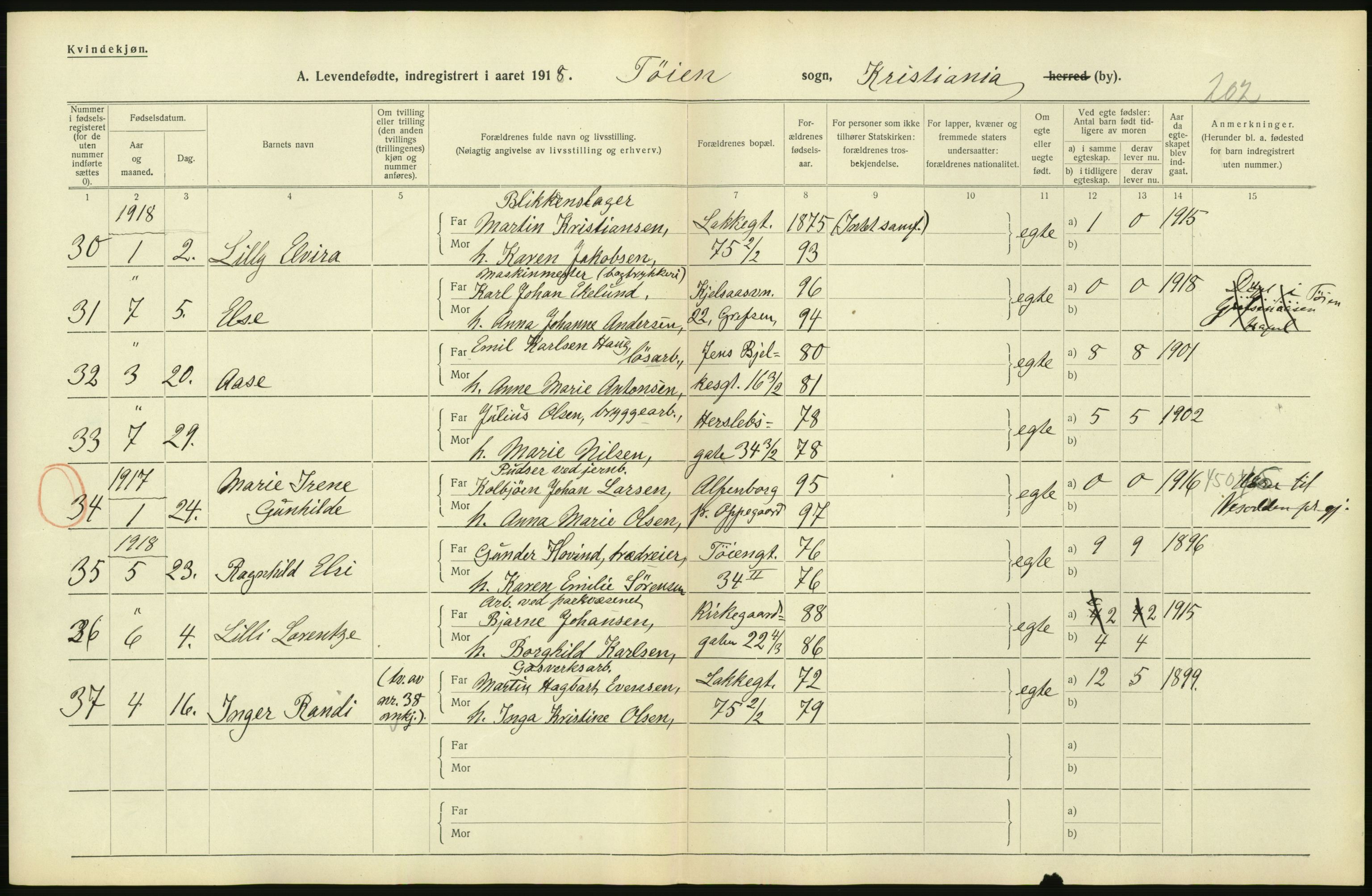 Statistisk sentralbyrå, Sosiodemografiske emner, Befolkning, AV/RA-S-2228/D/Df/Dfb/Dfbh/L0007: Kristiania: Levendefødte menn og kvinner., 1918, p. 686