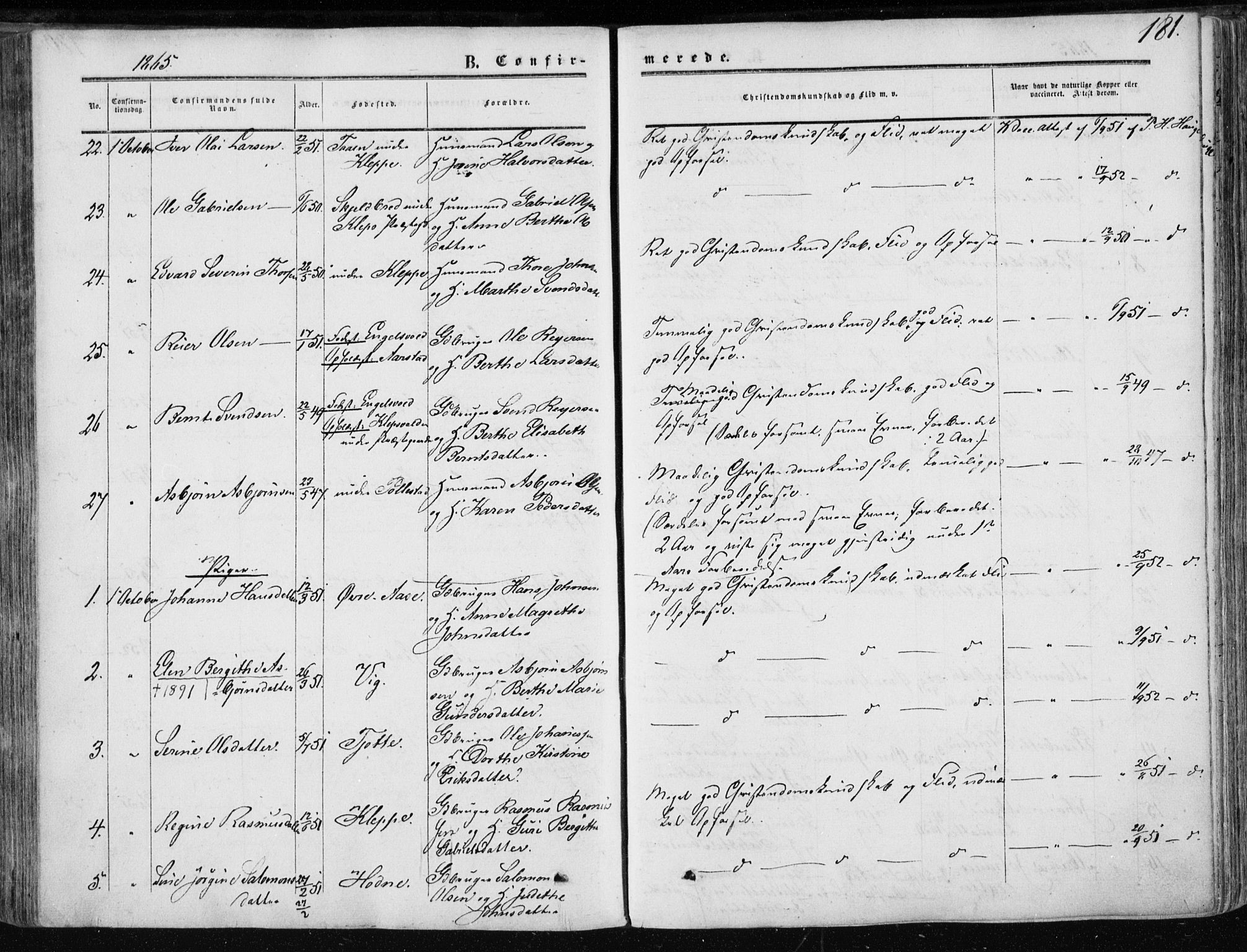 Klepp sokneprestkontor, AV/SAST-A-101803/001/3/30BA/L0005: Parish register (official) no. A 5, 1853-1870, p. 181