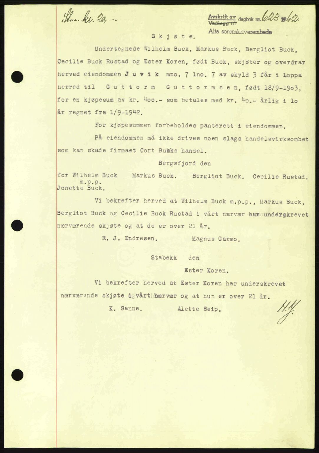 Alta fogderi/sorenskriveri, SATØ/SATØ-5/1/K/Kd/L0033pantebok: Mortgage book no. 33, 1940-1943, Diary no: : 623/1942