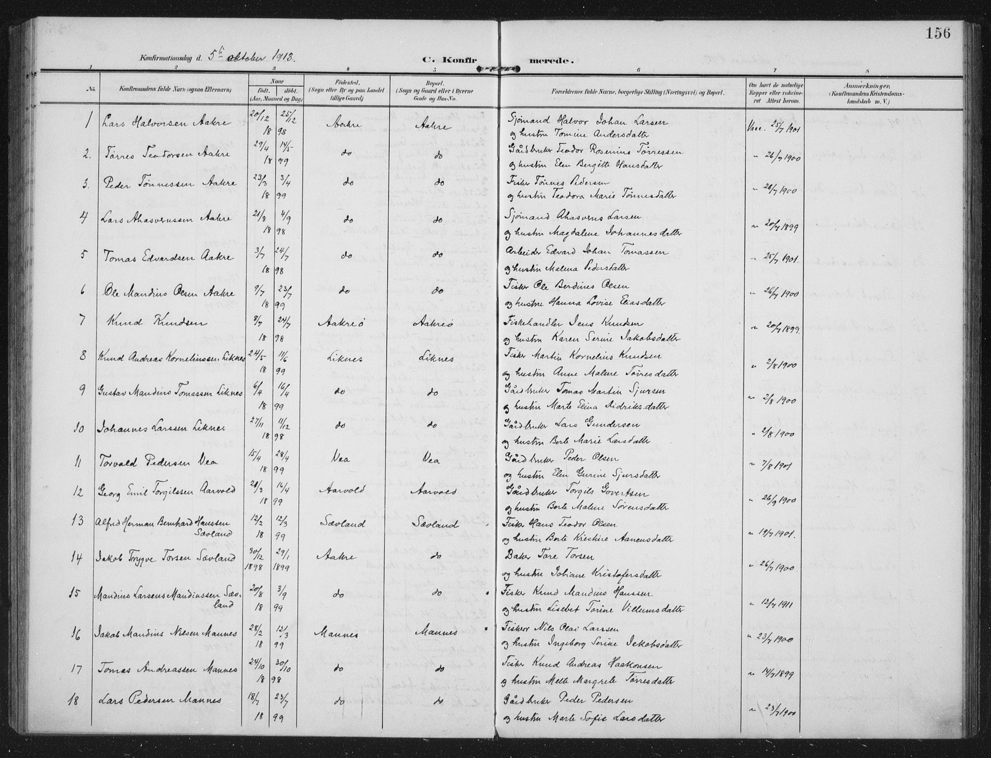 Kopervik sokneprestkontor, SAST/A-101850/H/Ha/Haa/L0005: Parish register (official) no. A 5, 1906-1924, p. 156