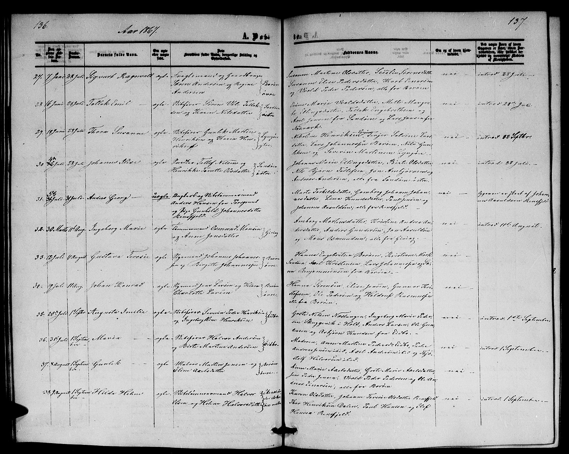 Dypvåg sokneprestkontor, AV/SAK-1111-0007/F/Fb/Fba/L0011: Parish register (copy) no. B 11, 1857-1872, p. 136-137