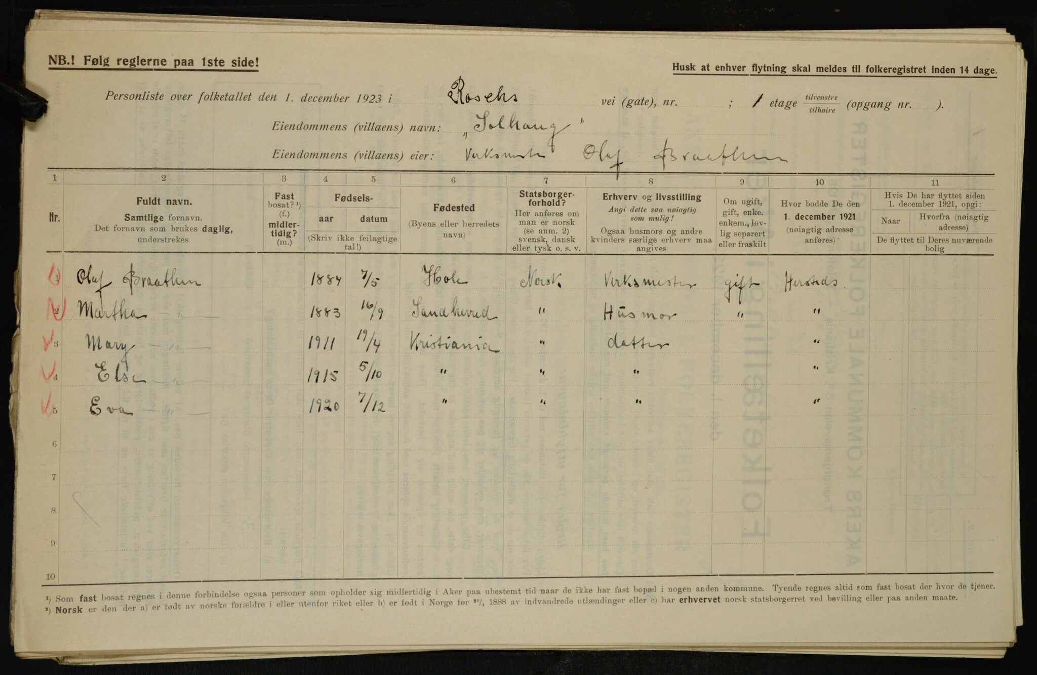 , Municipal Census 1923 for Aker, 1923, p. 44369