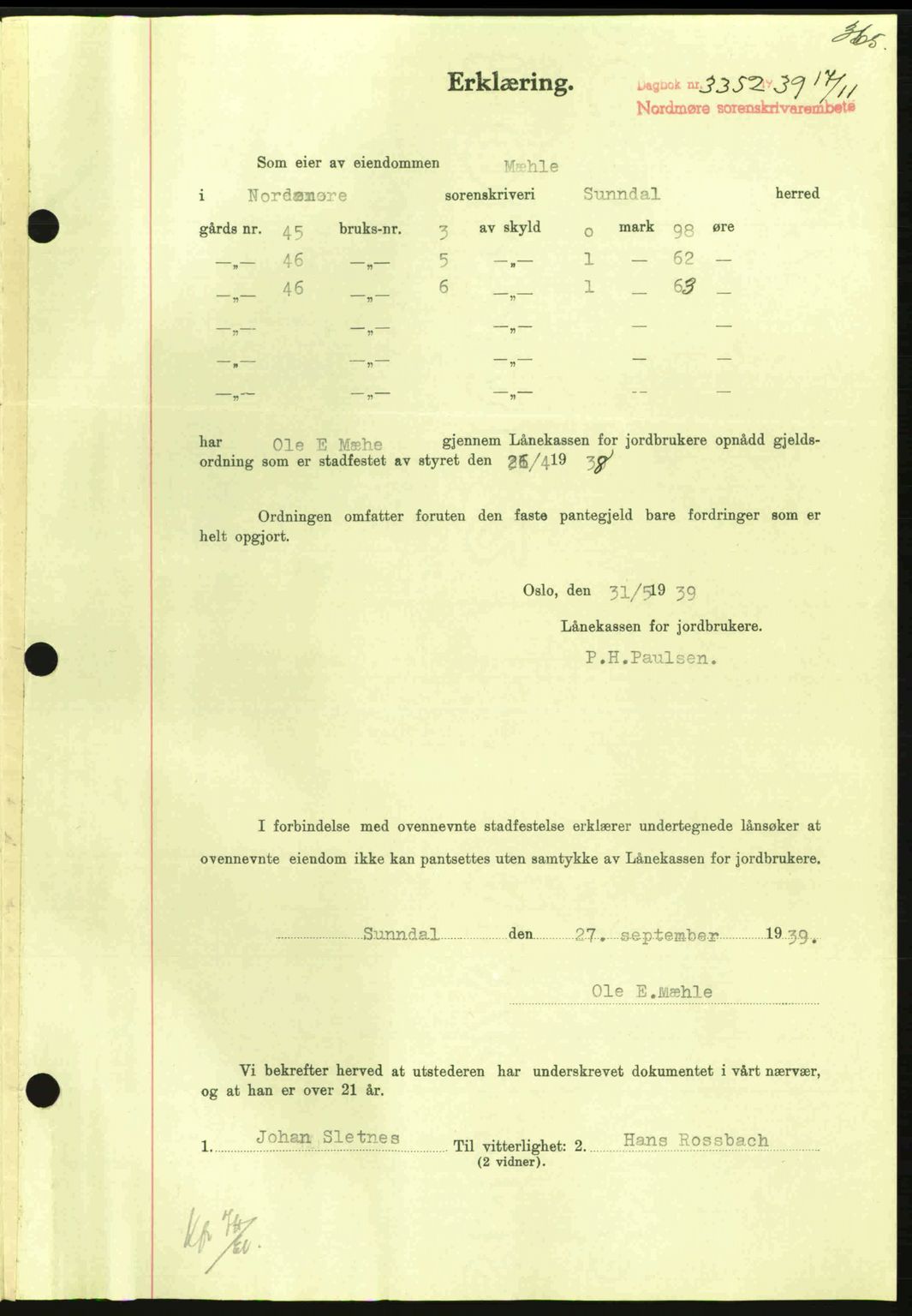 Nordmøre sorenskriveri, AV/SAT-A-4132/1/2/2Ca: Mortgage book no. B86, 1939-1940, Diary no: : 3352/1939