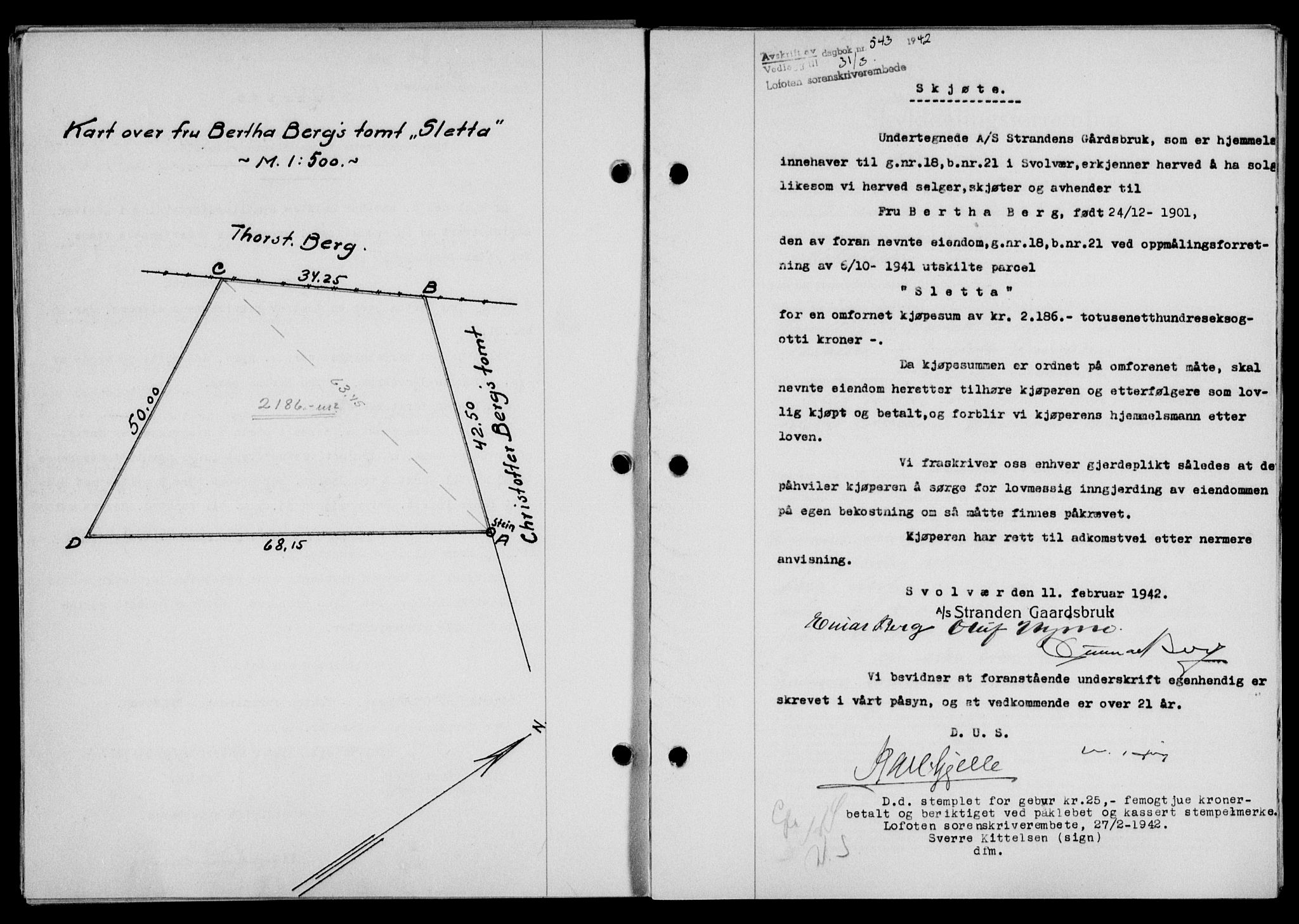 Lofoten sorenskriveri, SAT/A-0017/1/2/2C/L0009a: Mortgage book no. 9a, 1941-1942, Diary no: : 543/1942