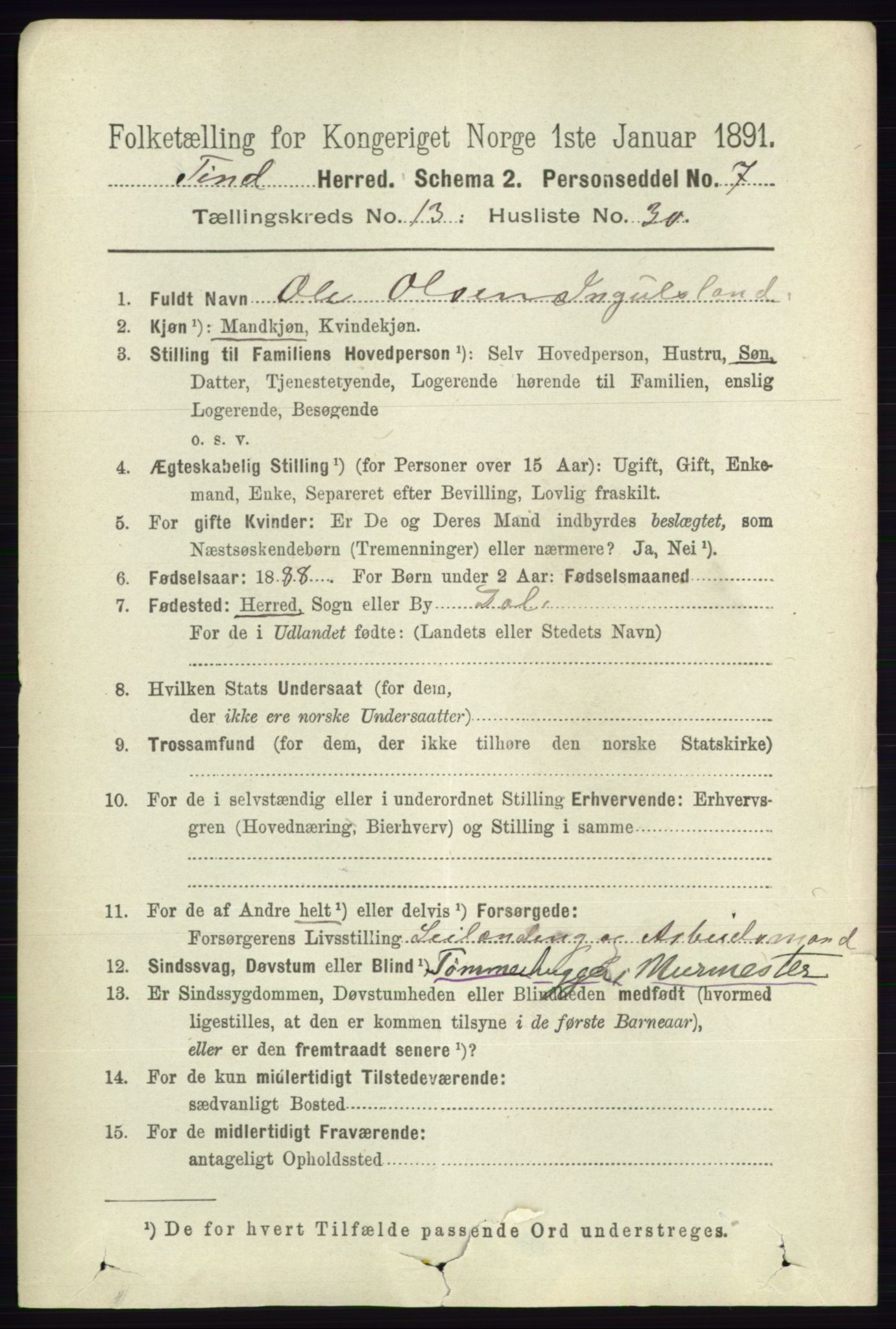 RA, 1891 census for 0826 Tinn, 1891, p. 2823