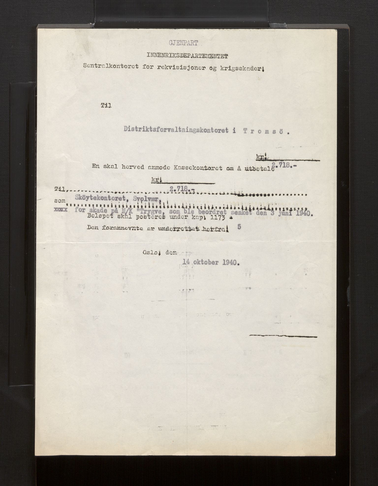 Fiskeridirektoratet - 1 Adm. ledelse - 13 Båtkontoret, AV/SAB-A-2003/La/L0008: Statens krigsforsikring for fiskeflåten, 1936-1971, p. 123