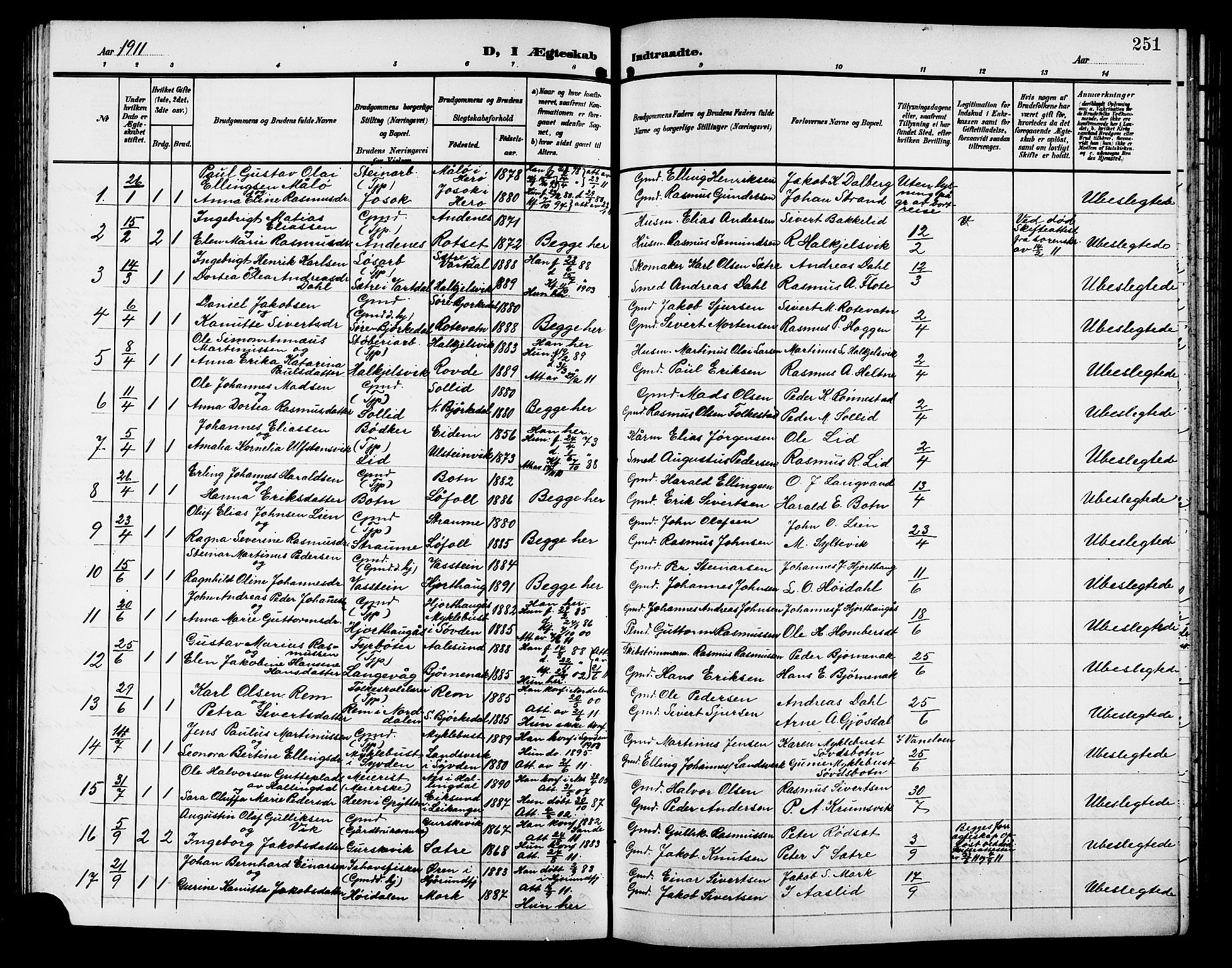 Ministerialprotokoller, klokkerbøker og fødselsregistre - Møre og Romsdal, AV/SAT-A-1454/511/L0159: Parish register (copy) no. 511C05, 1902-1920, p. 251