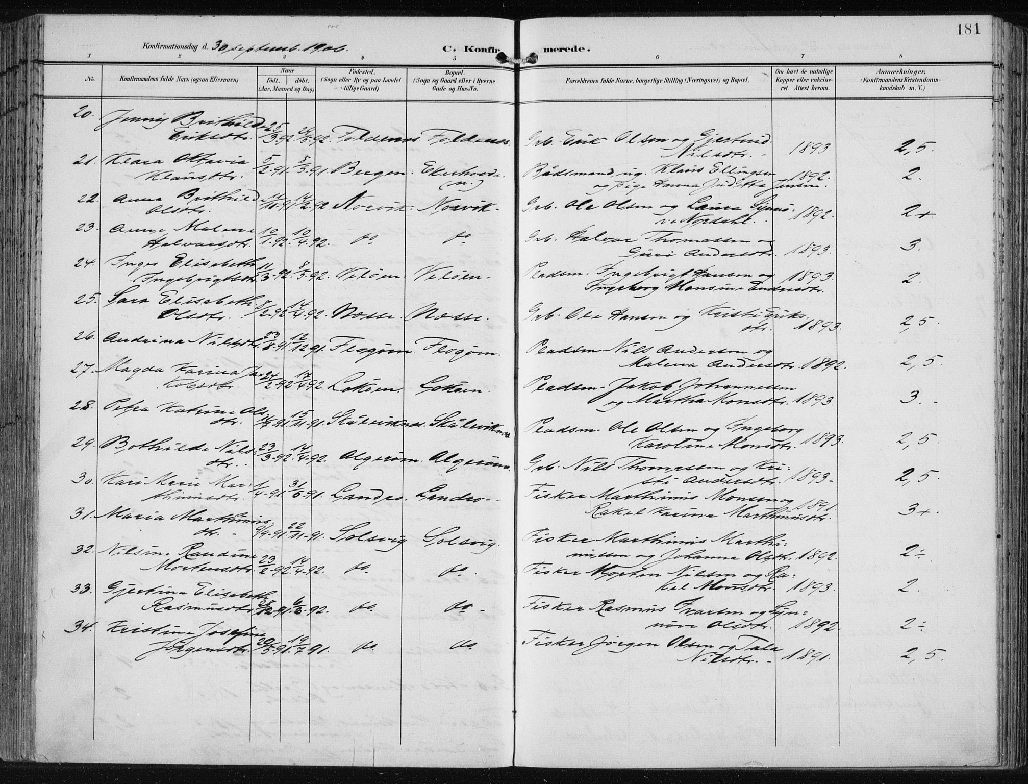 Fjell sokneprestembete, SAB/A-75301/H/Haa: Parish register (official) no. A  9, 1899-1910, p. 181