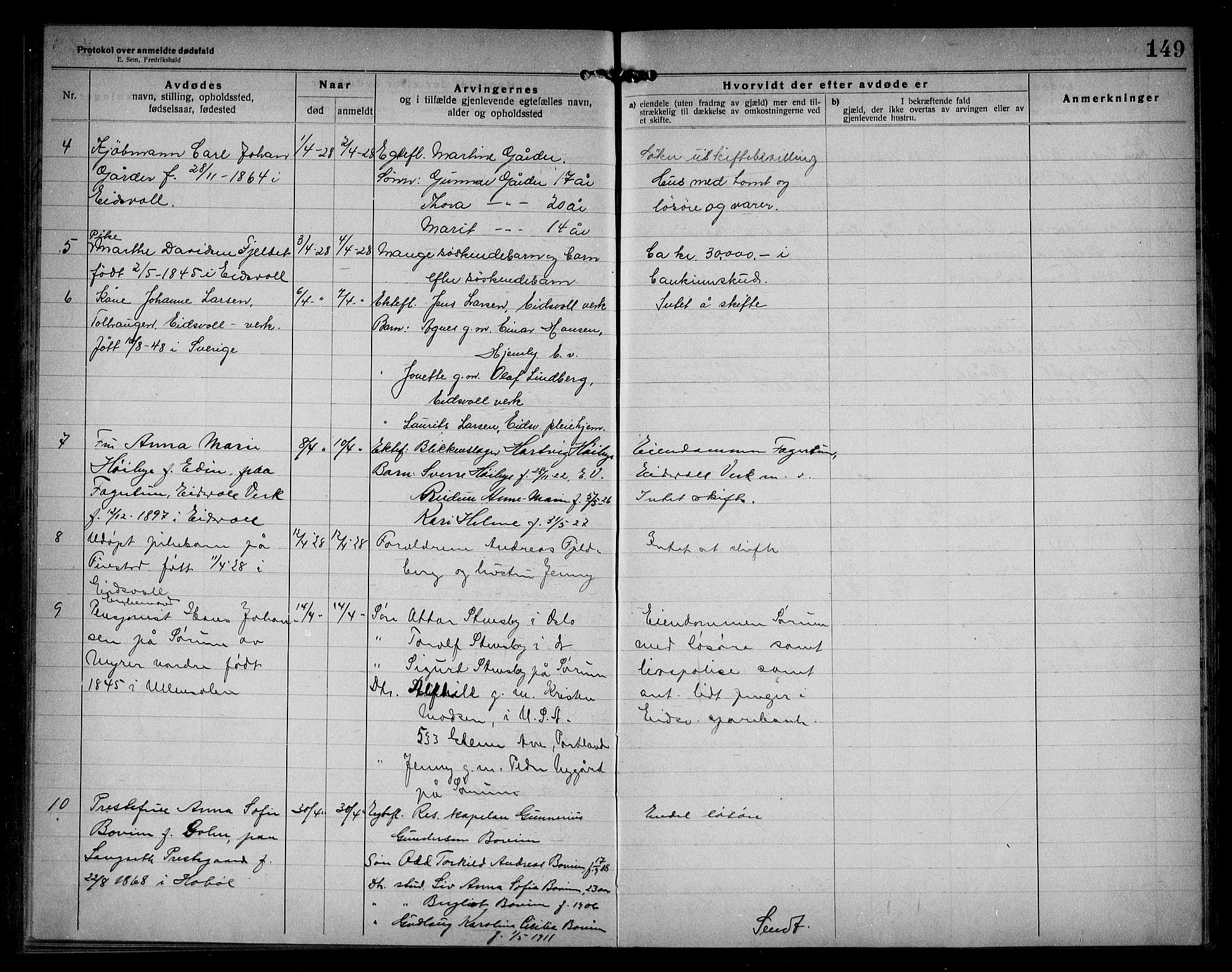 Eidsvoll lensmannskontor, SAO/A-10266a/H/Ha/Haa/L0005: Dødsfallprotokoll, 1921-1930, p. 149